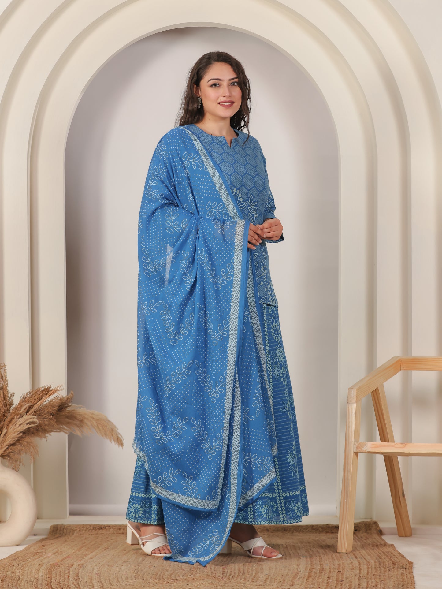 Soft Cotton Bandhani Straight Blue Kurta