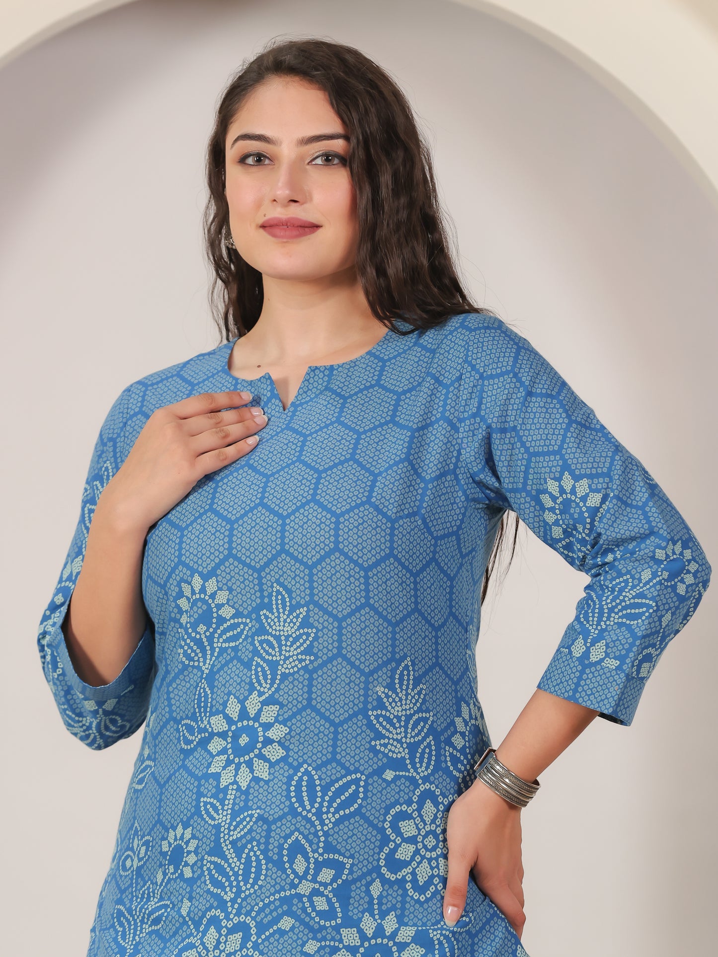 Soft Cotton Bandhani Straight Blue Kurta