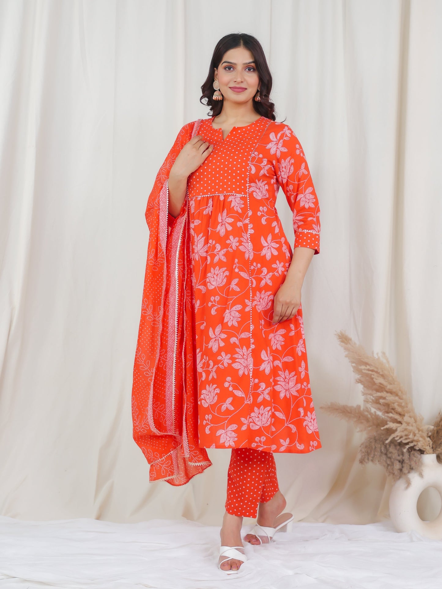 Soft Cotton Bandhani Flared Orange Kurta