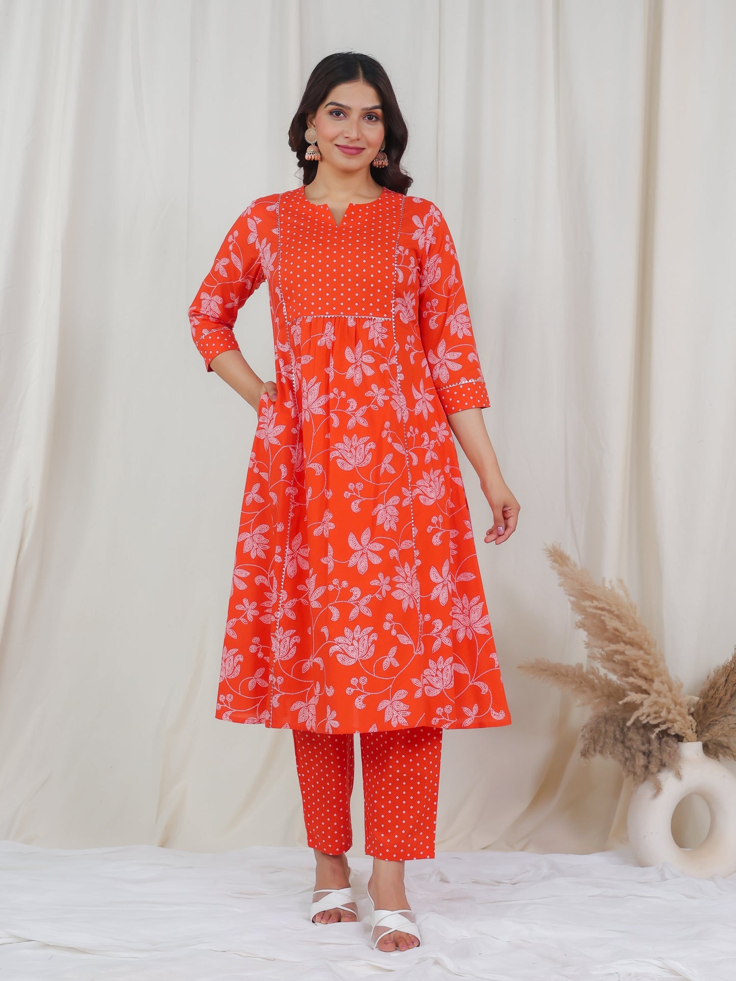 Soft Cotton Bandhani Flared Orange Kurta