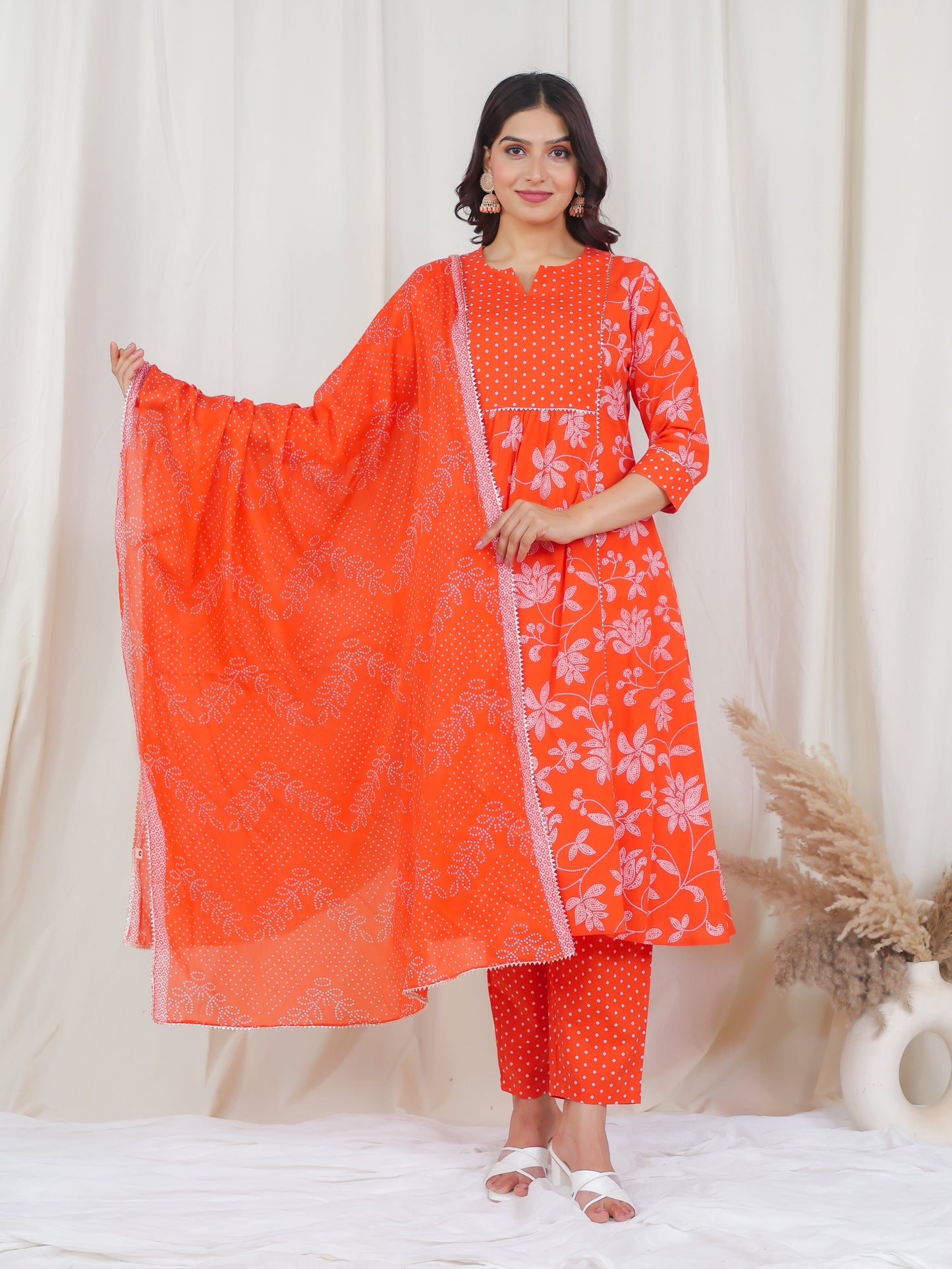 Soft Cotton Bandhani Flared Orange Kurta