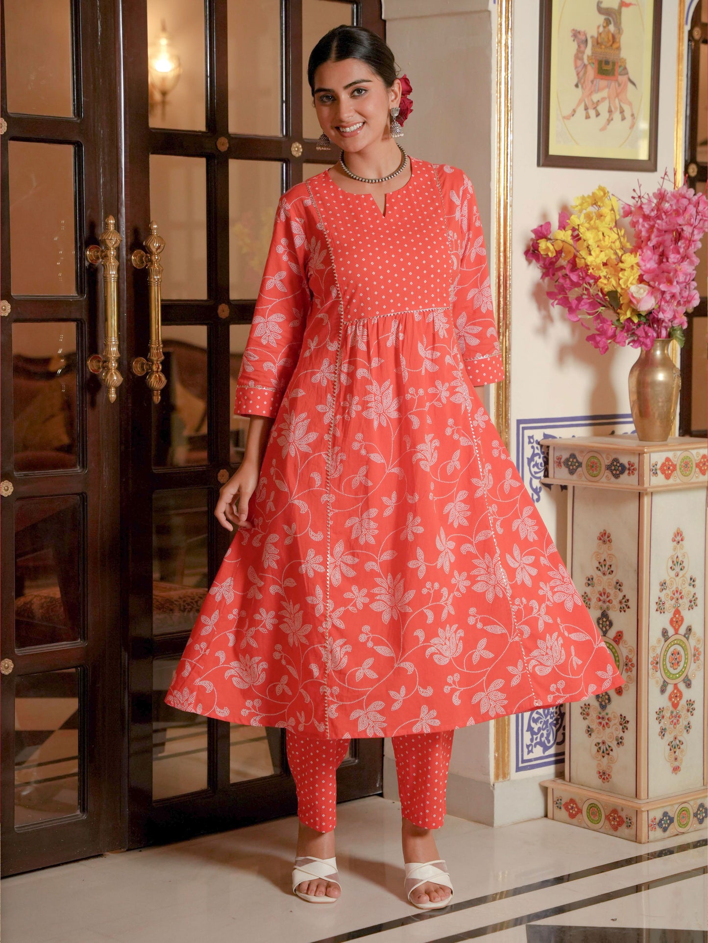 Soft Cotton Bandhani Flared Orange Kurta