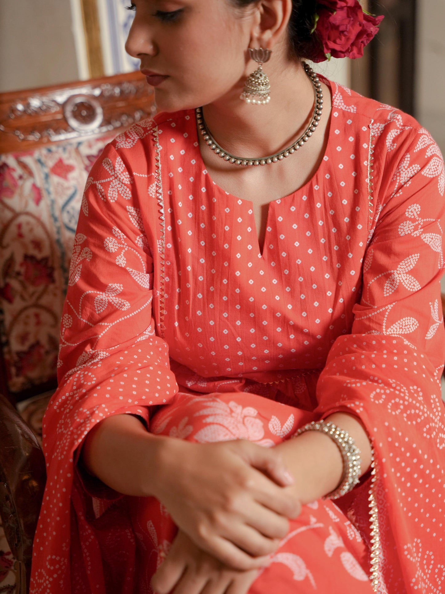 Soft Cotton Bandhani Flared Orange Kurta