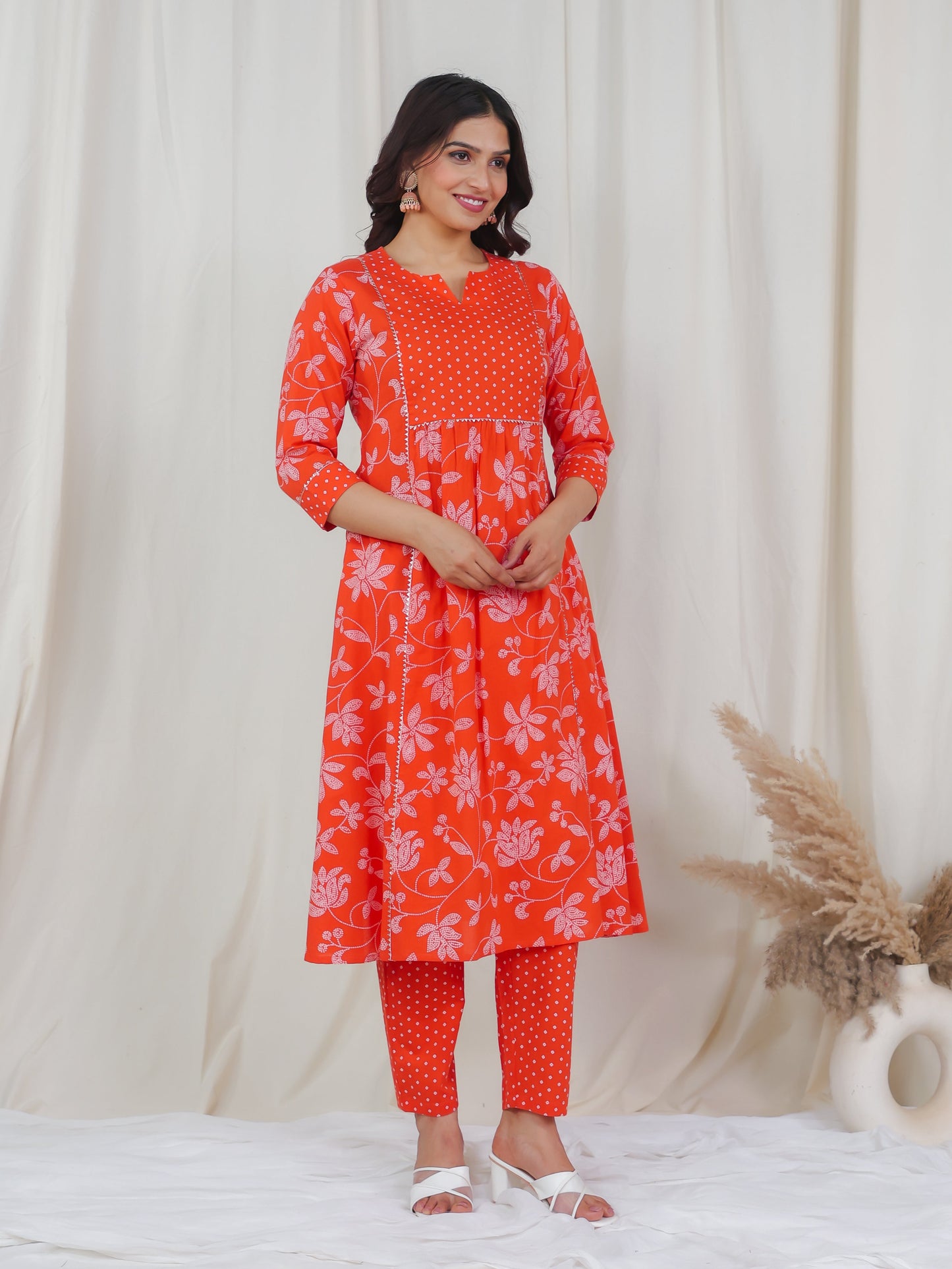 Soft Cotton Bandhani Flared Orange Kurta