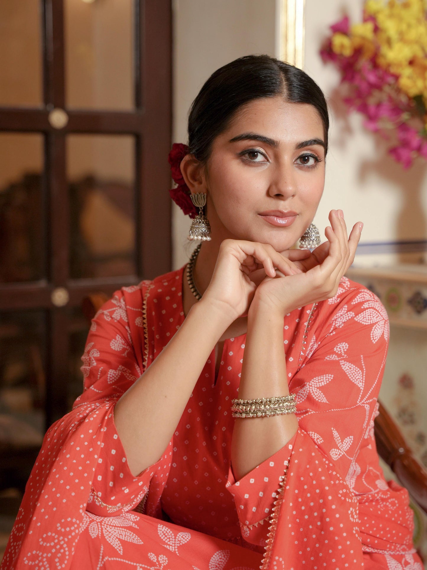 Soft Cotton Bandhani Flared Orange Kurta