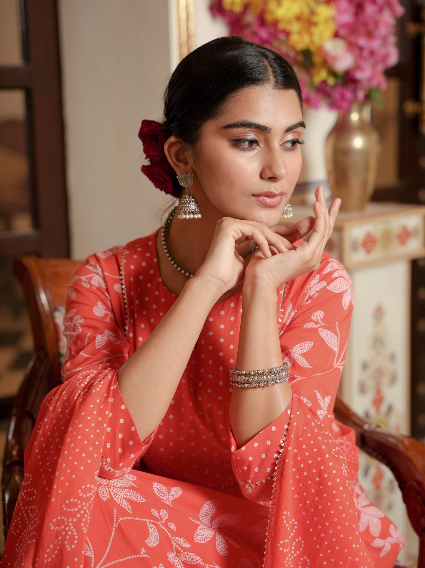 Soft Cotton Bandhani Flared Orange Kurta