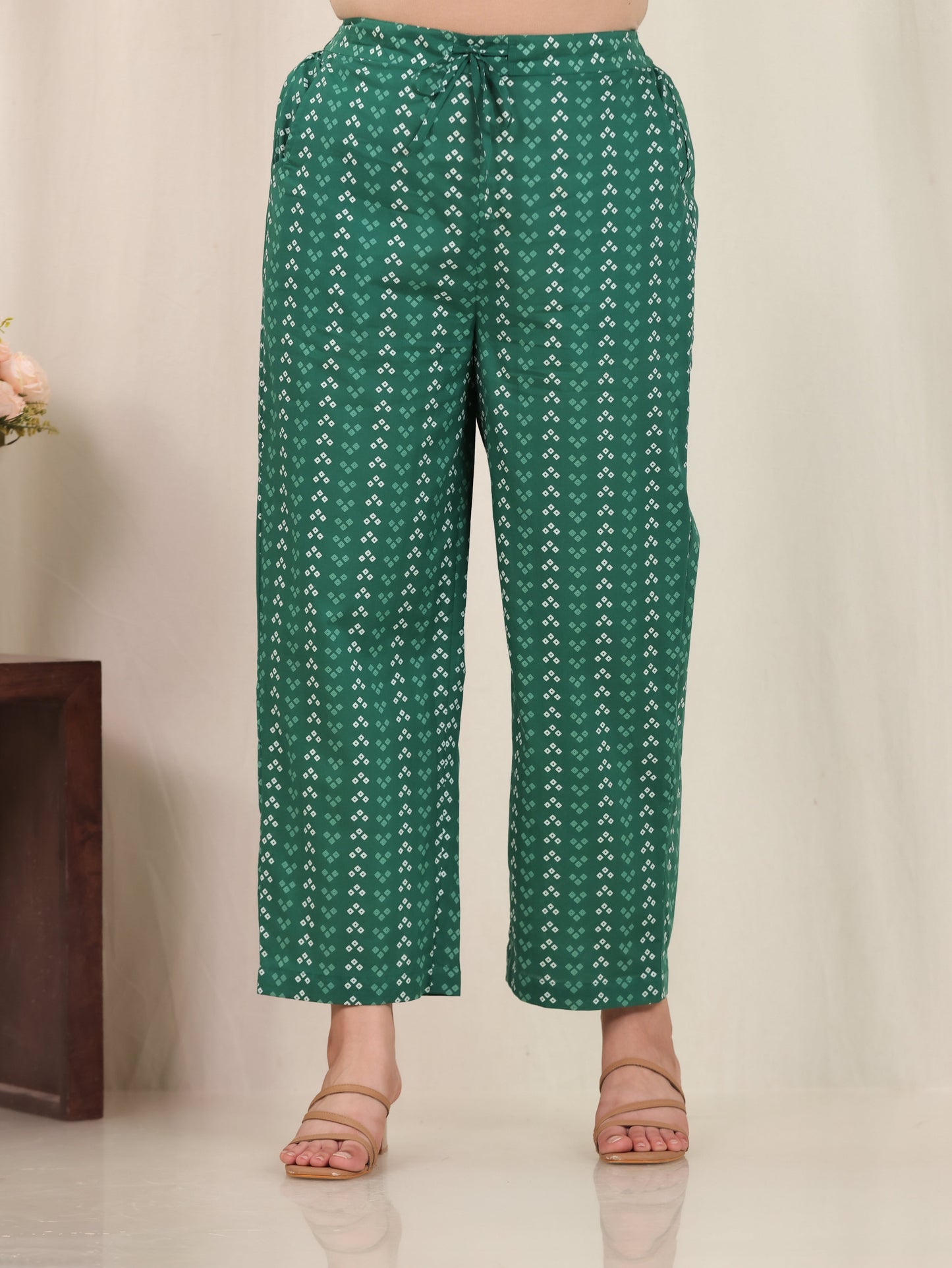 Soft Cotton Geometric Green Straight Trousers