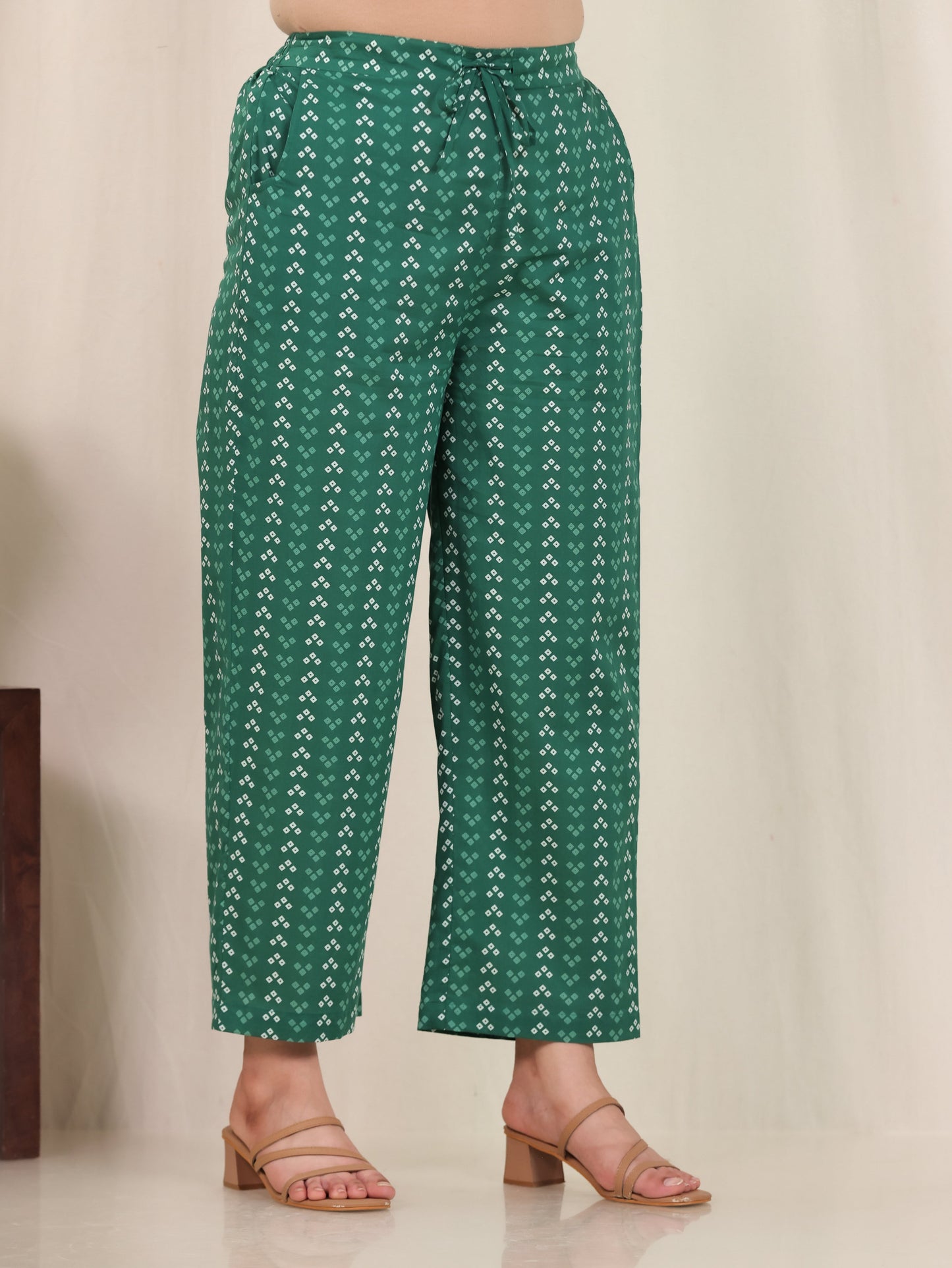 Soft Cotton Geometric Green Straight Trousers