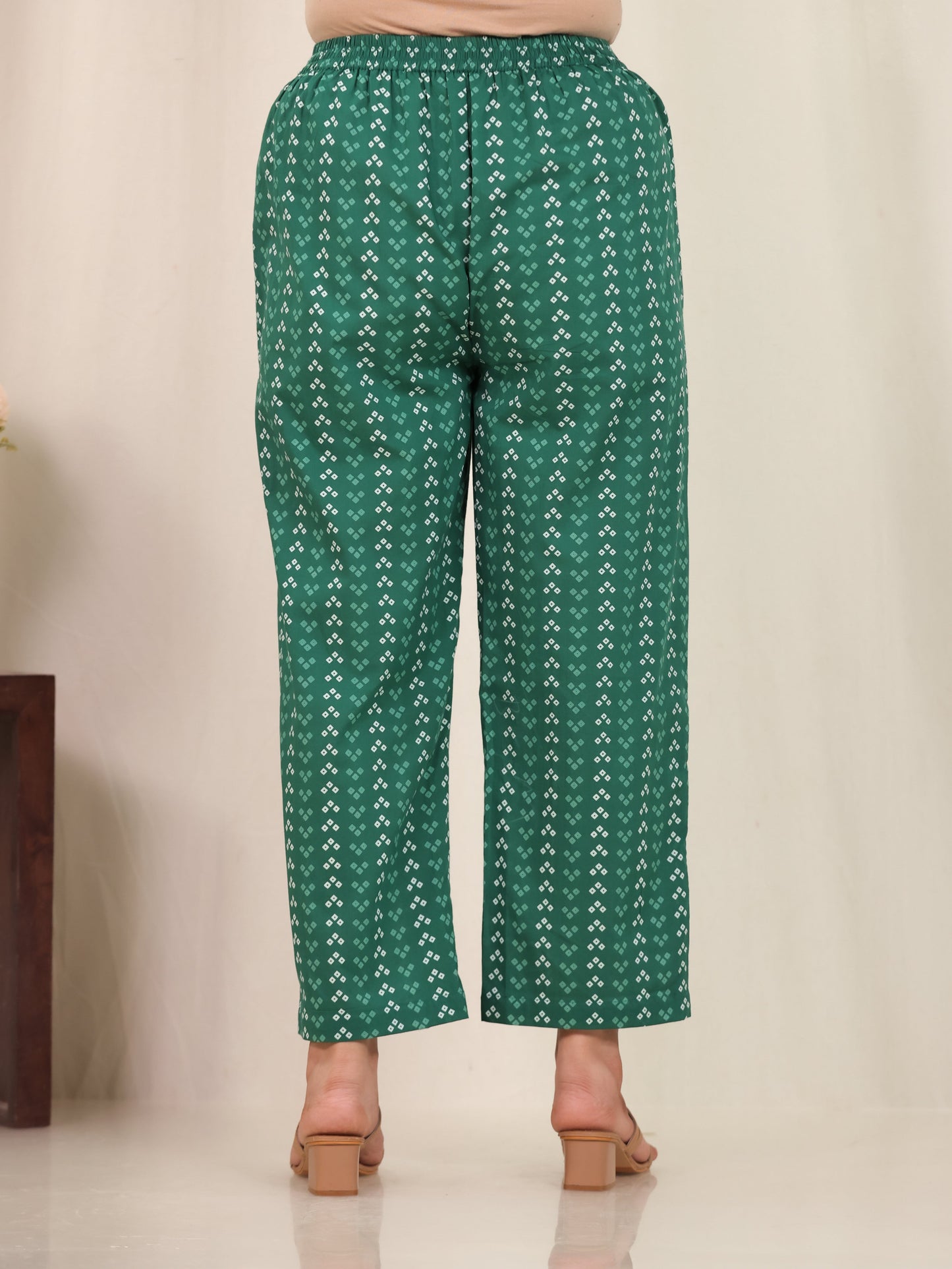 Soft Cotton Geometric Green Straight Trousers