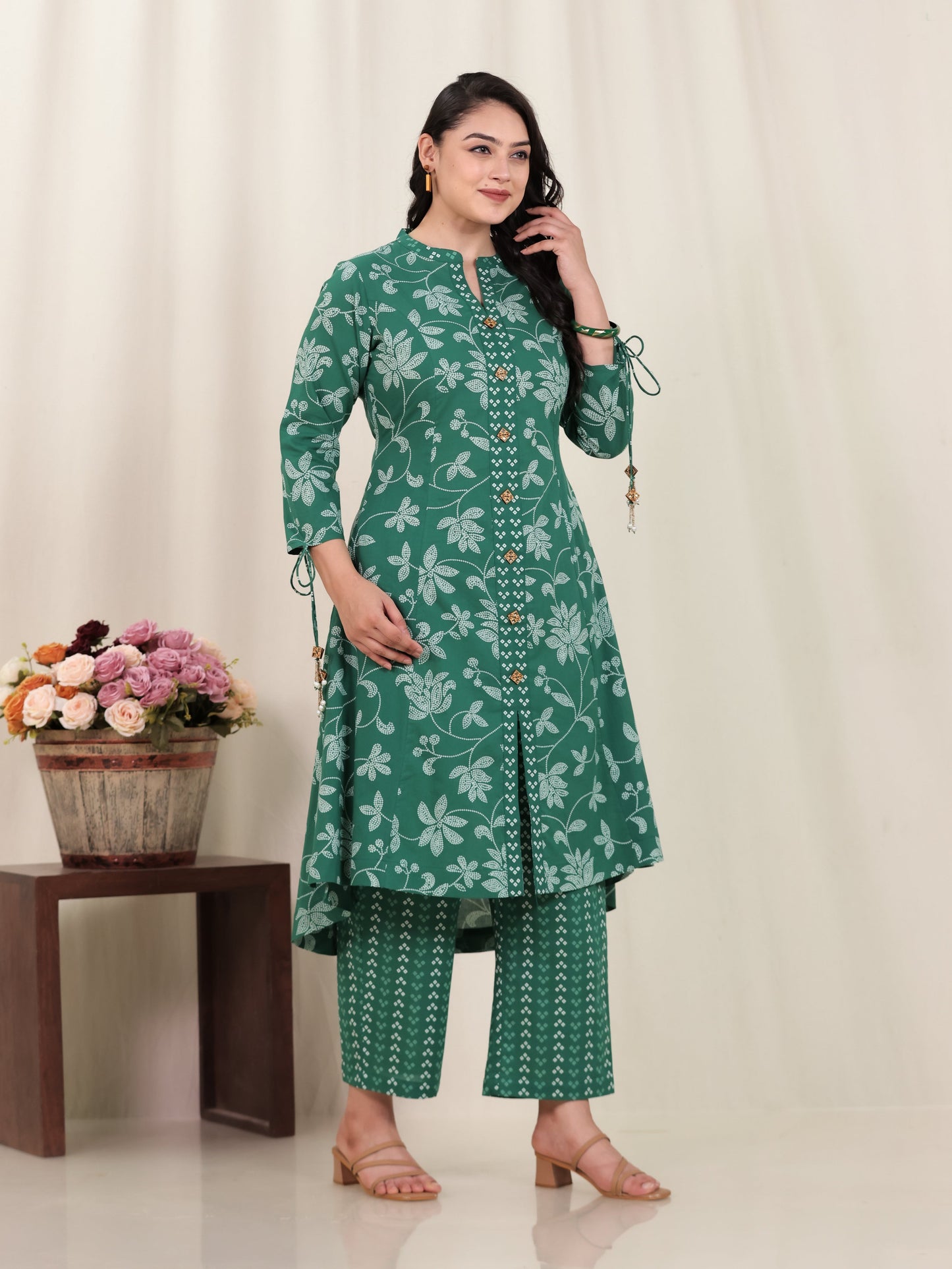 Soft Cotton Floral High Low Green Kurta