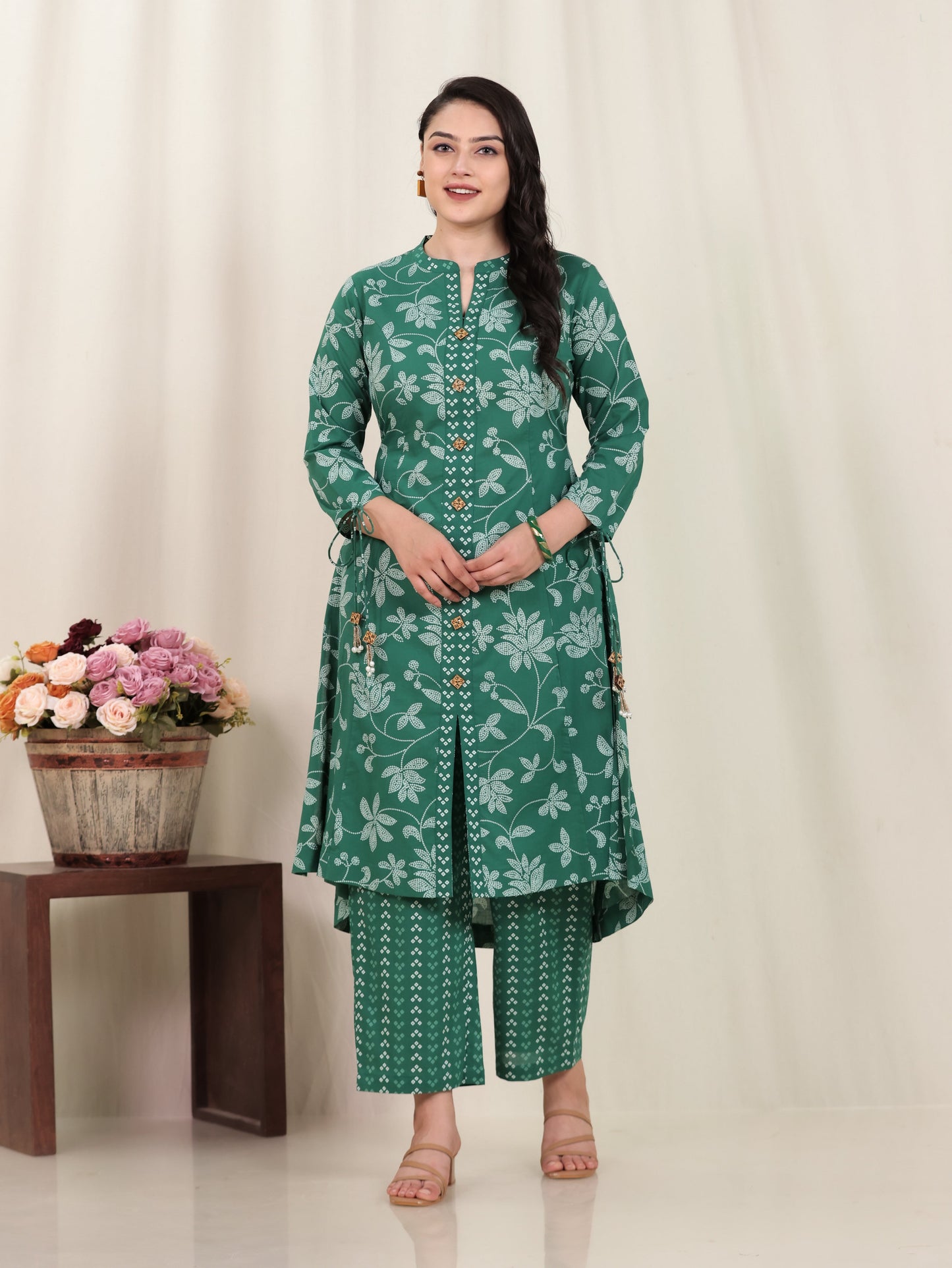 Soft Cotton Floral High Low Green Kurta