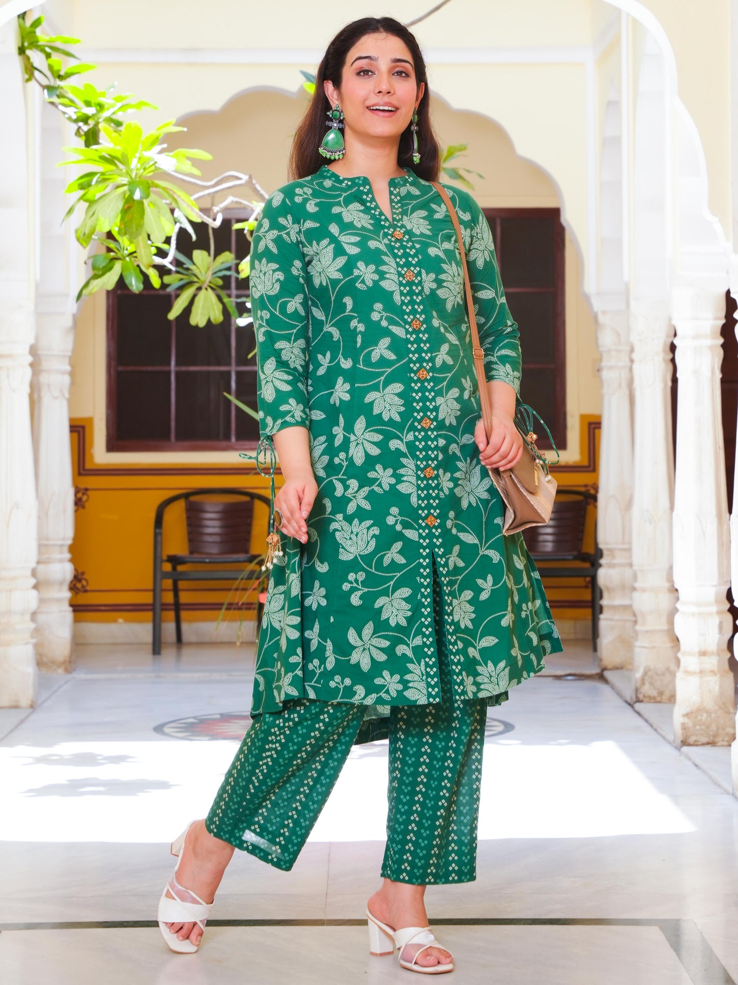 Soft Cotton Floral High Low Green Kurta