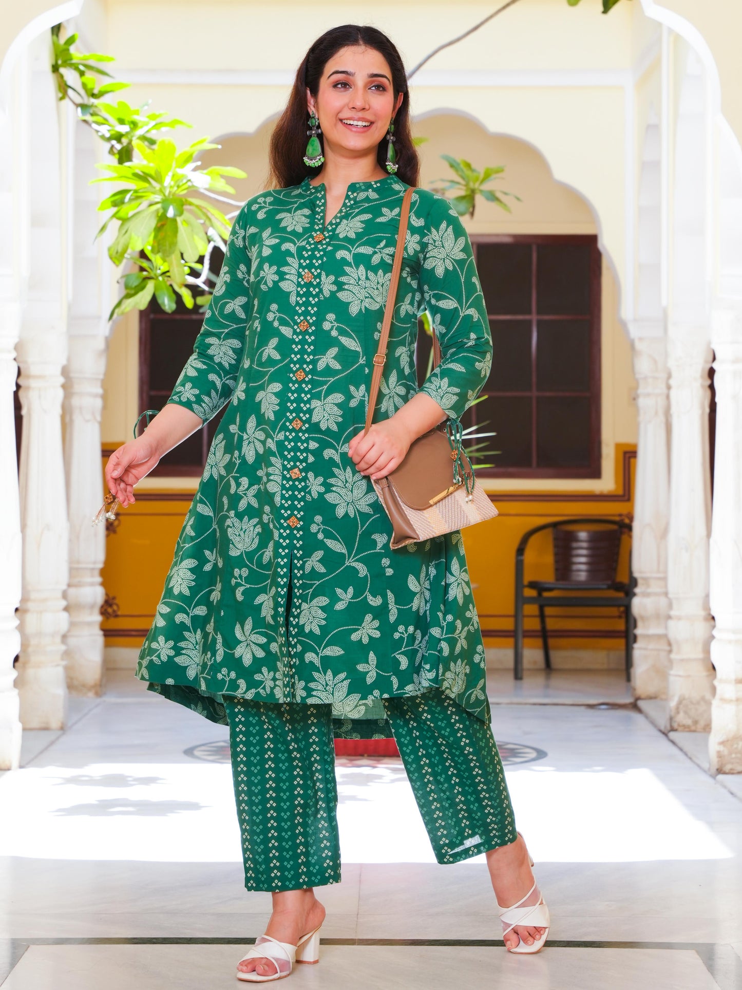 Soft Cotton Floral High Low Green Kurta