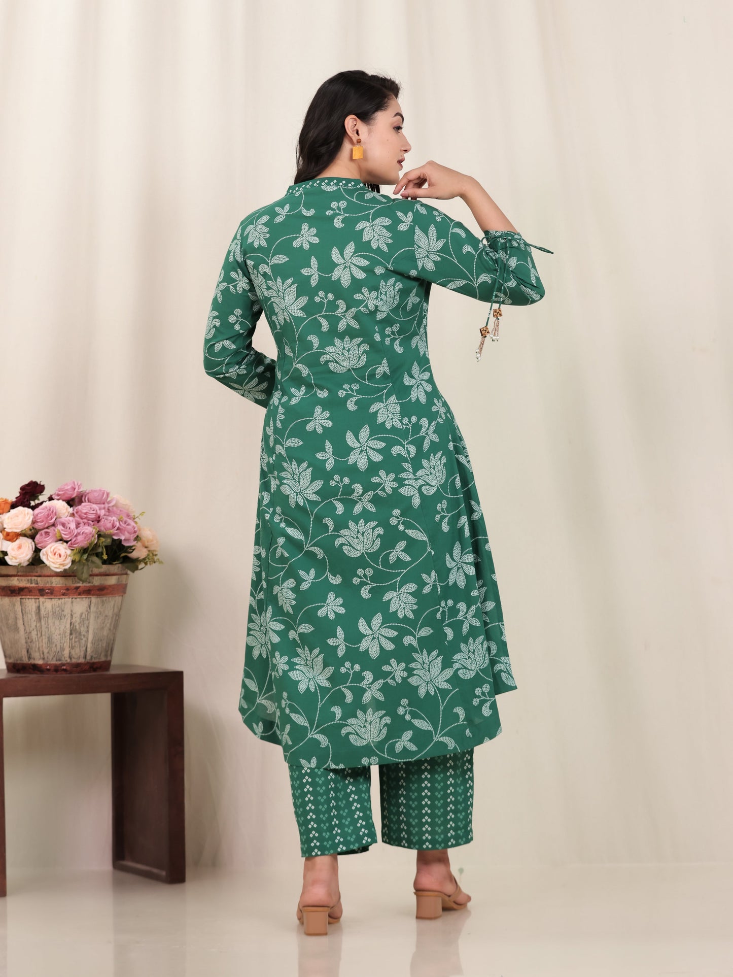 Soft Cotton Floral High Low Green Kurta