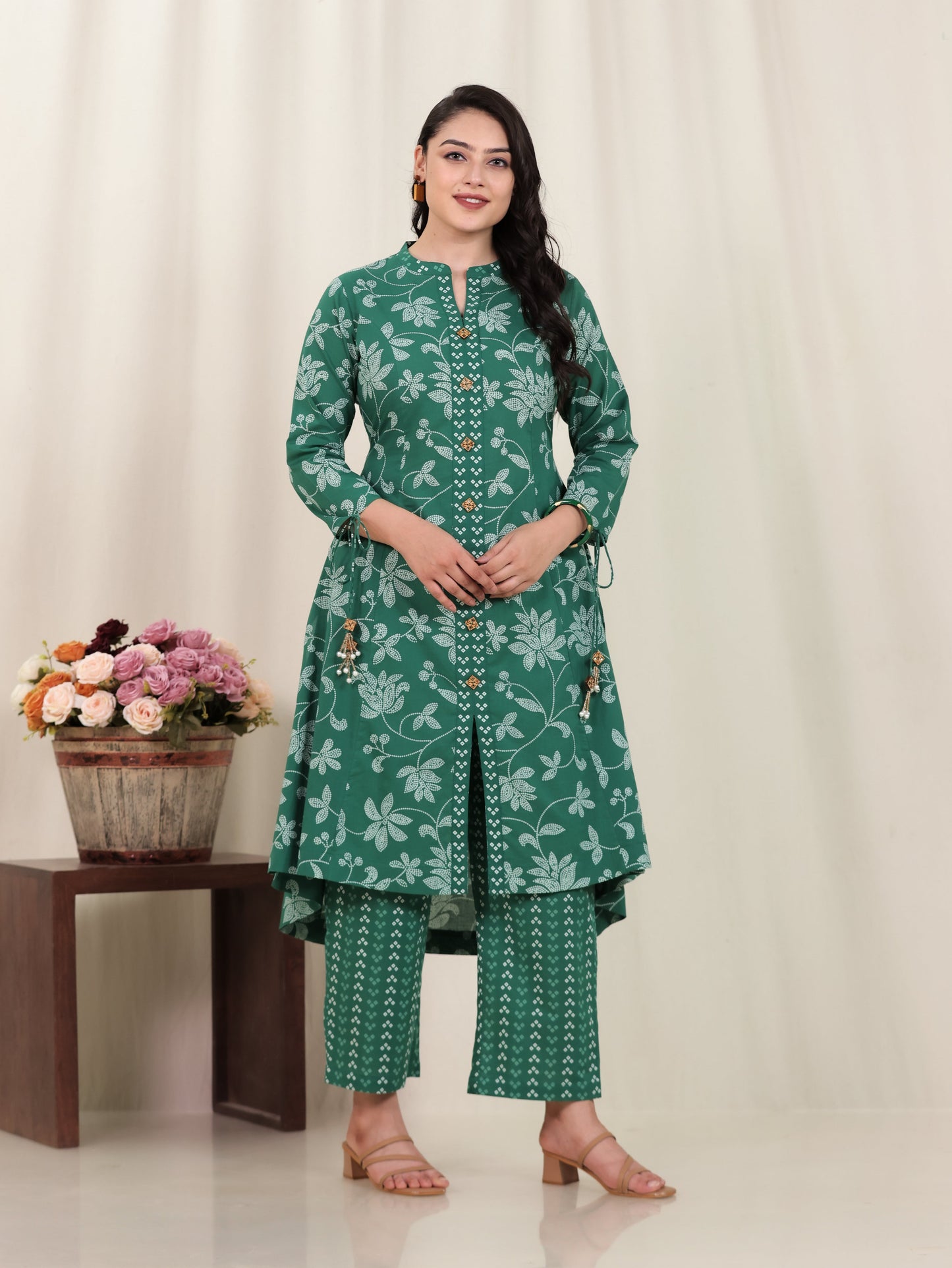 Soft Cotton Floral High Low Green Kurta