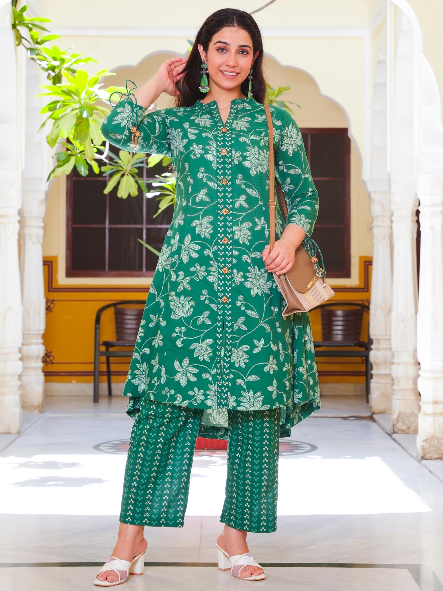 Soft Cotton Floral High Low Green Kurta