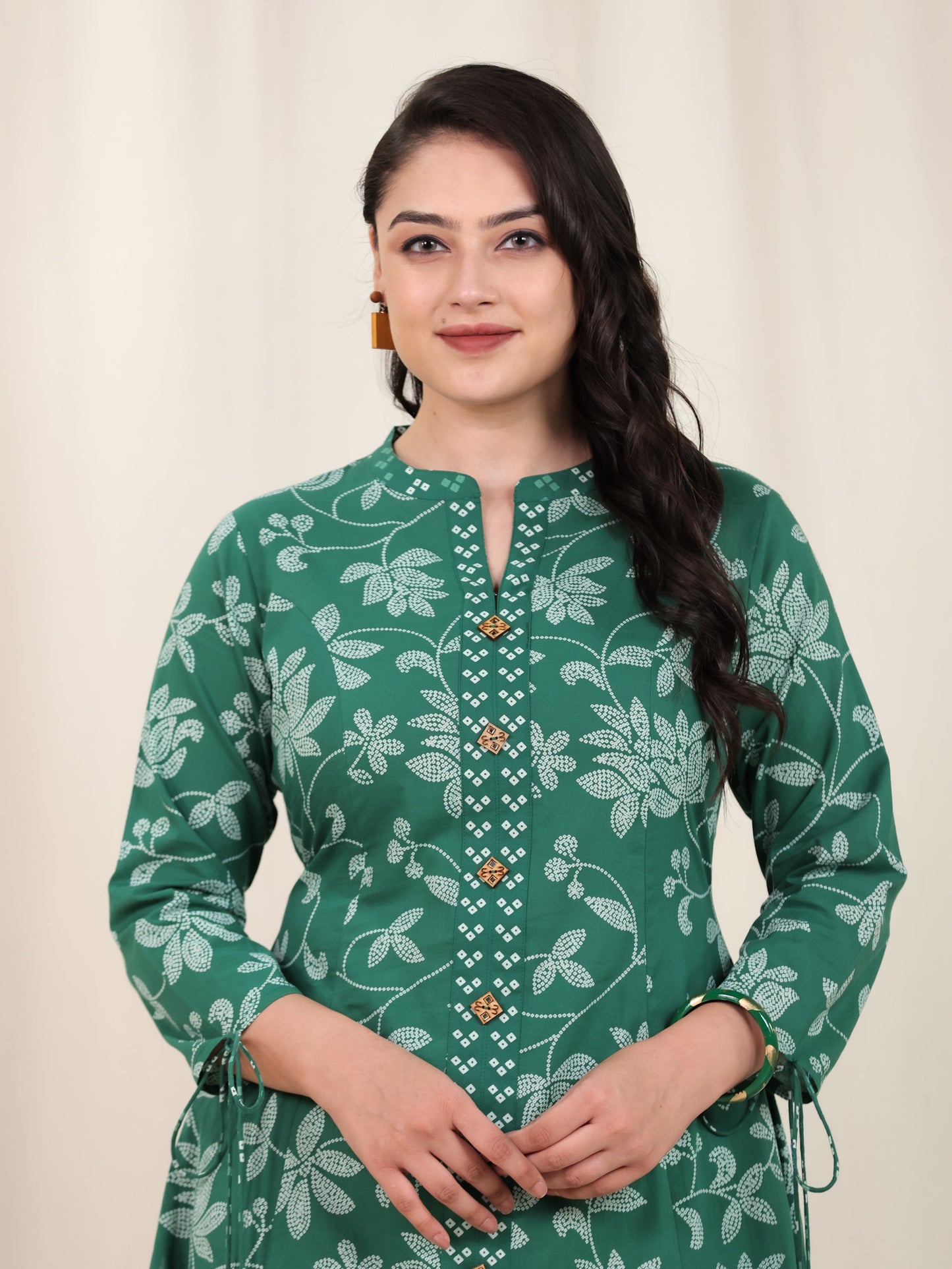 Soft Cotton Floral High Low Green Kurta