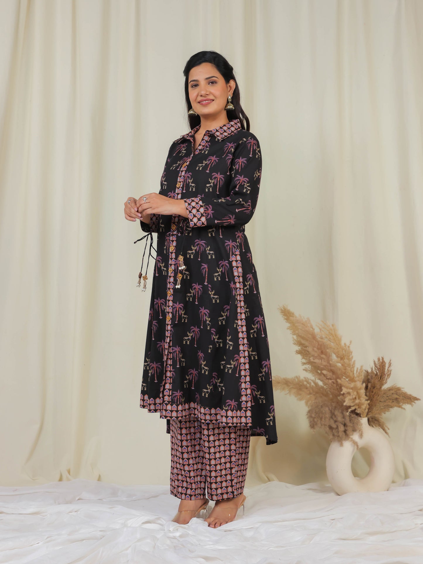 Soft Cotton Ajrakh High Low Black Kurta