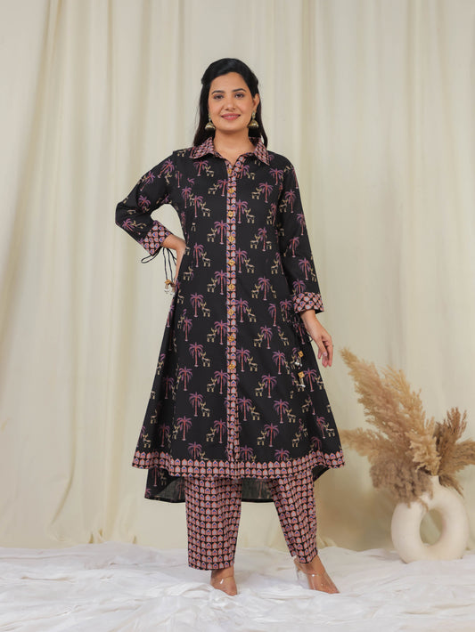 Soft Cotton Ajrakh High Low Black Kurta