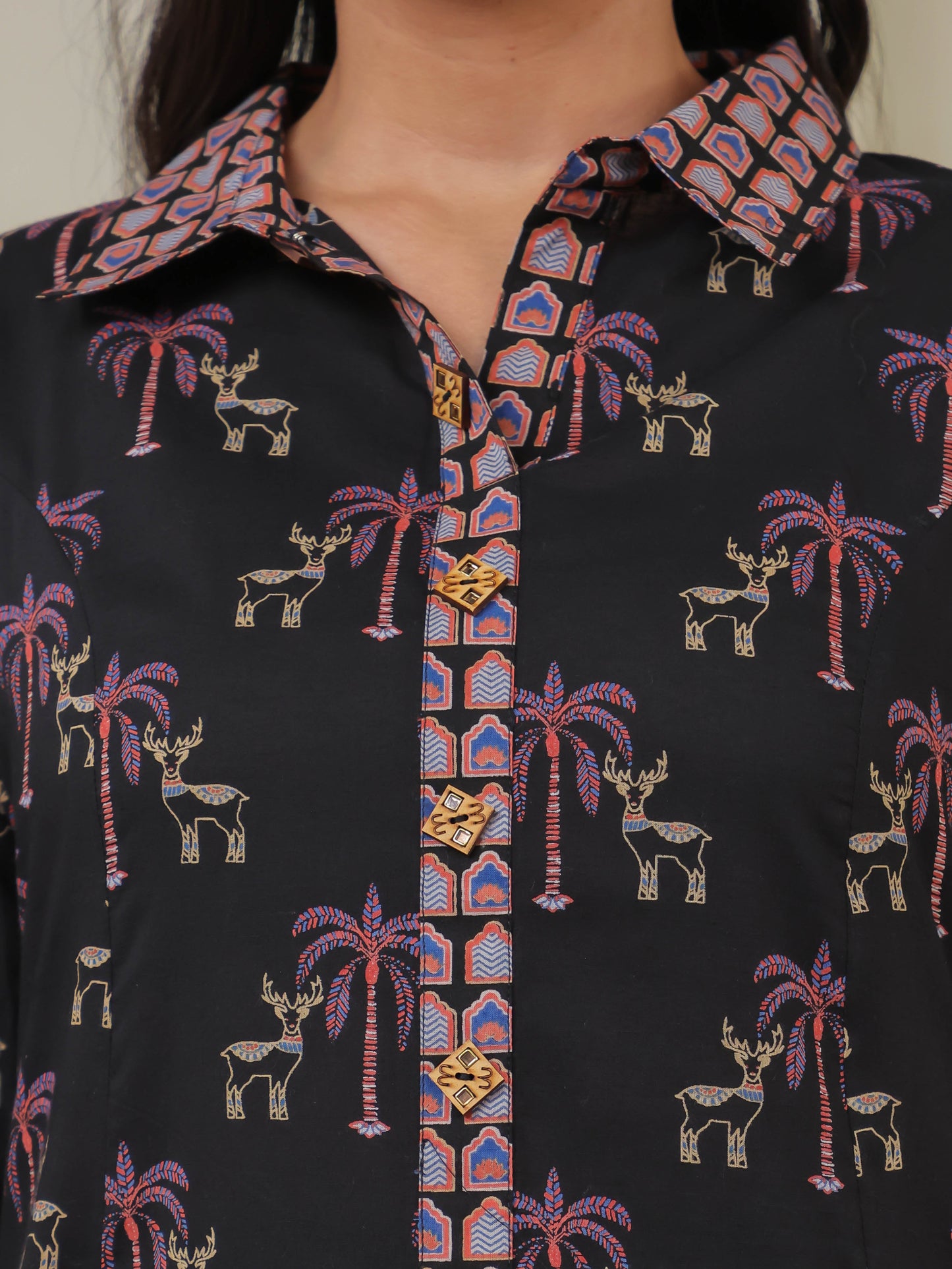 Soft Cotton Ajrakh High Low Black Kurta