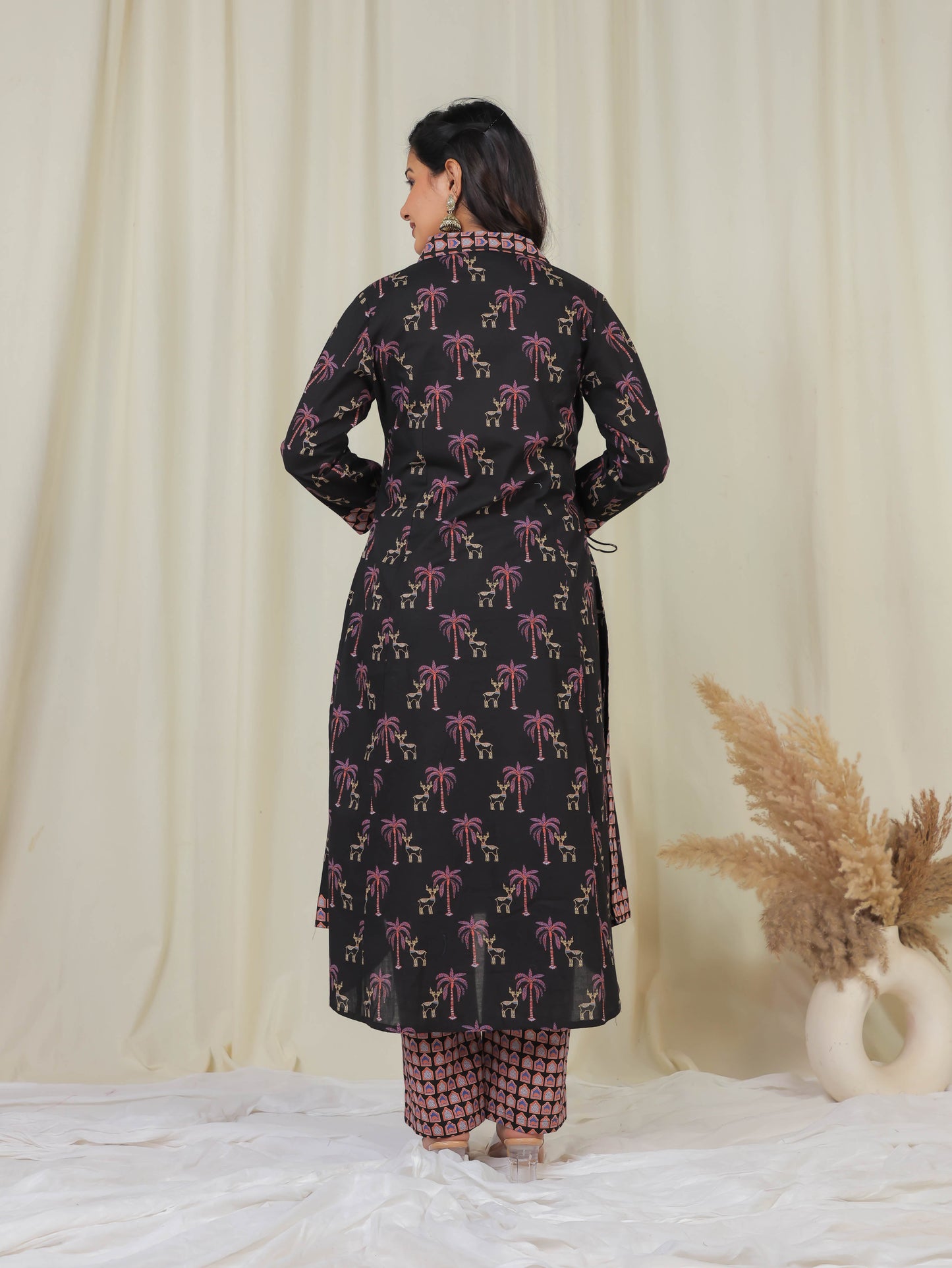 Soft Cotton Ajrakh High Low Black Kurta