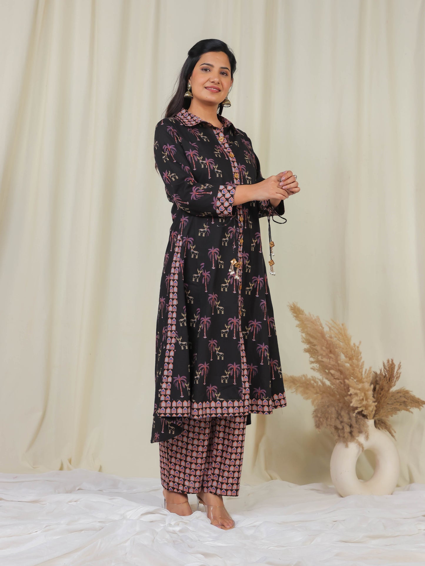 Soft Cotton Ajrakh High Low Black Kurta