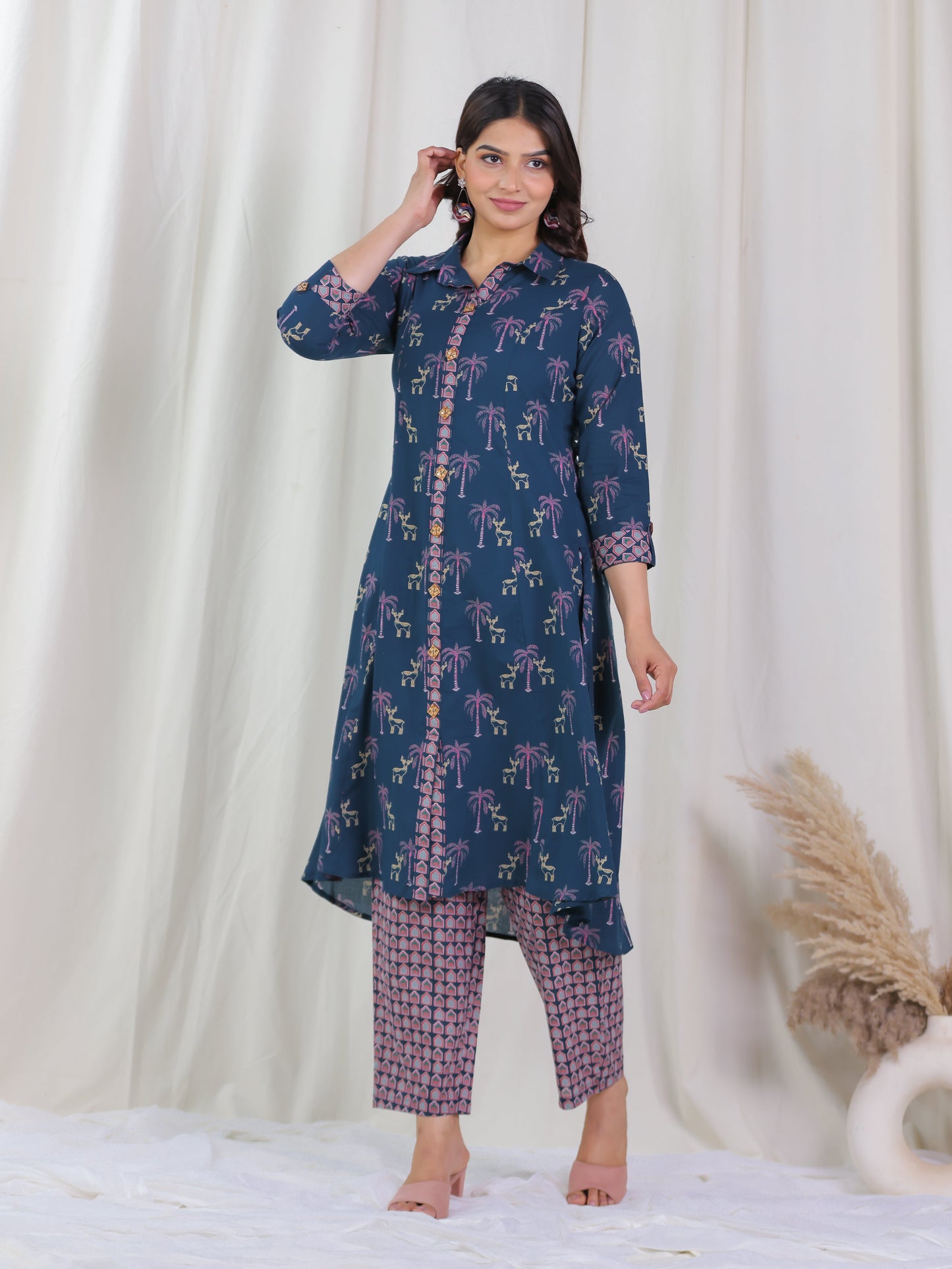 Soft Cotton Animal High Low Blue Kurta