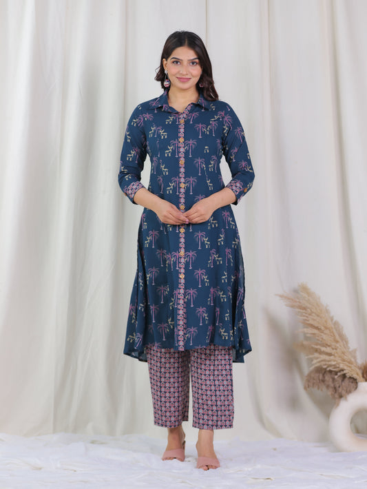 Soft Cotton Animal High Low Blue Kurta