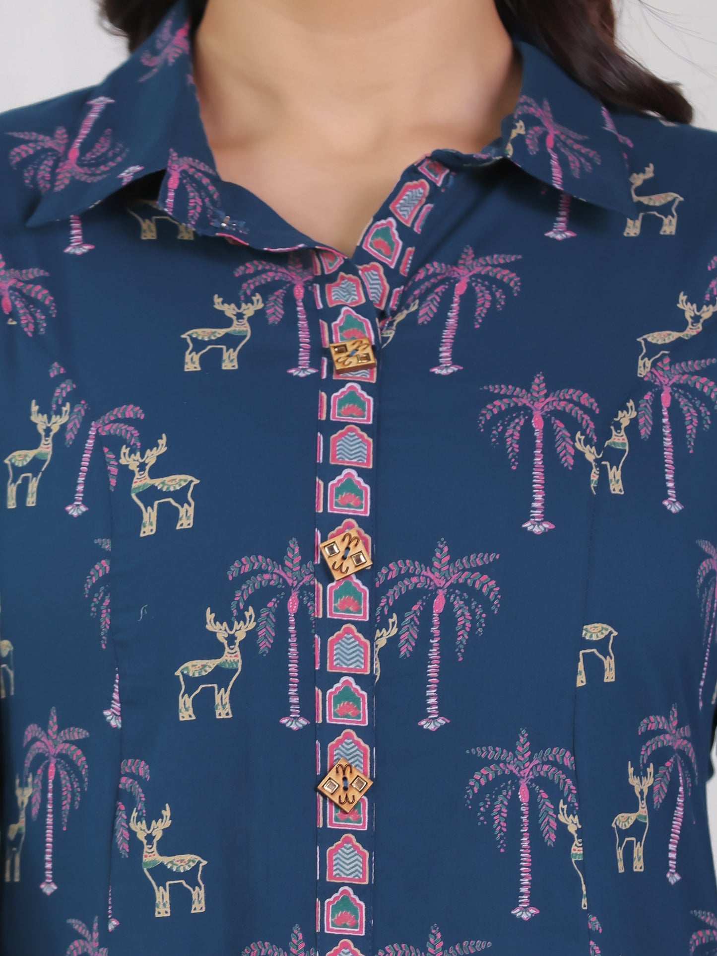 Soft Cotton Animal High Low Blue Kurta