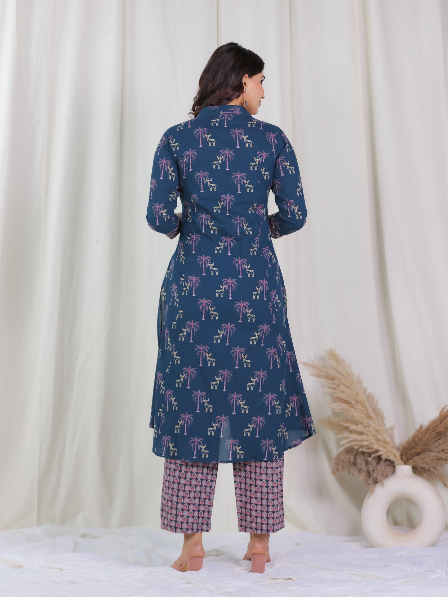 Soft Cotton Animal High Low Blue Kurta