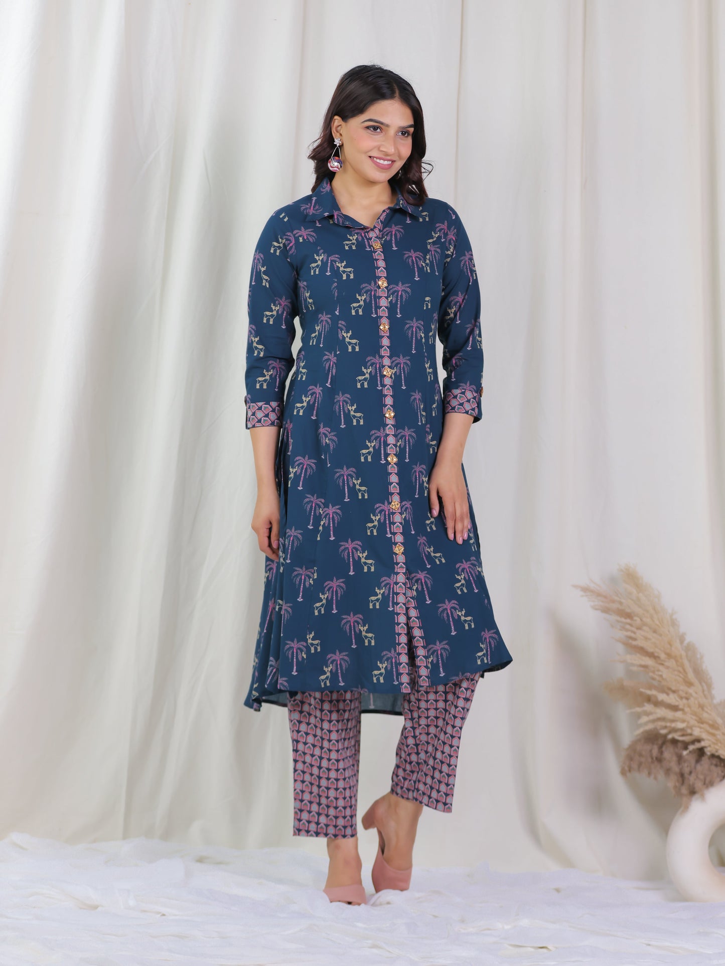 Soft Cotton Animal High Low Blue Kurta