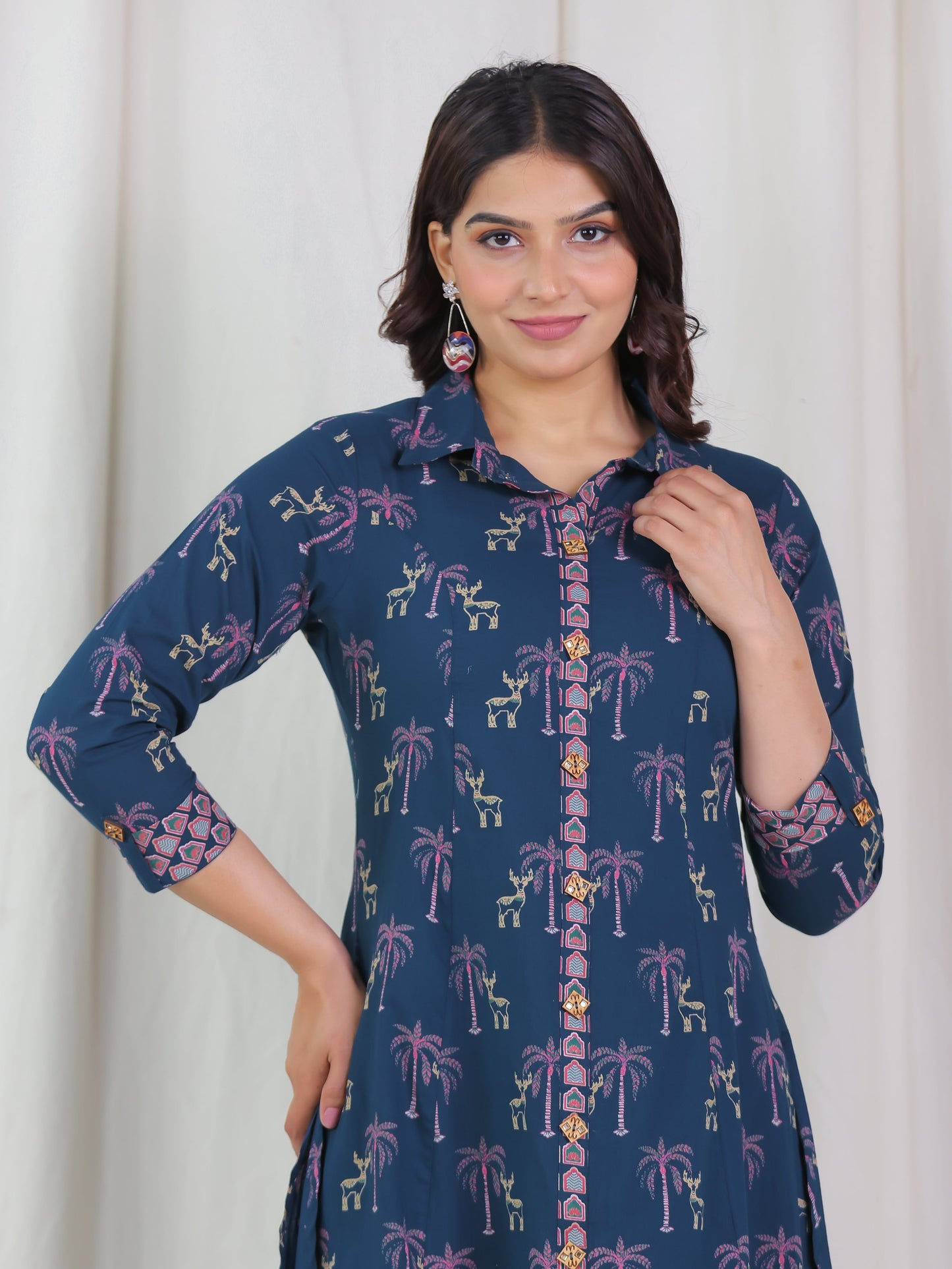 Soft Cotton Animal High Low Blue Kurta