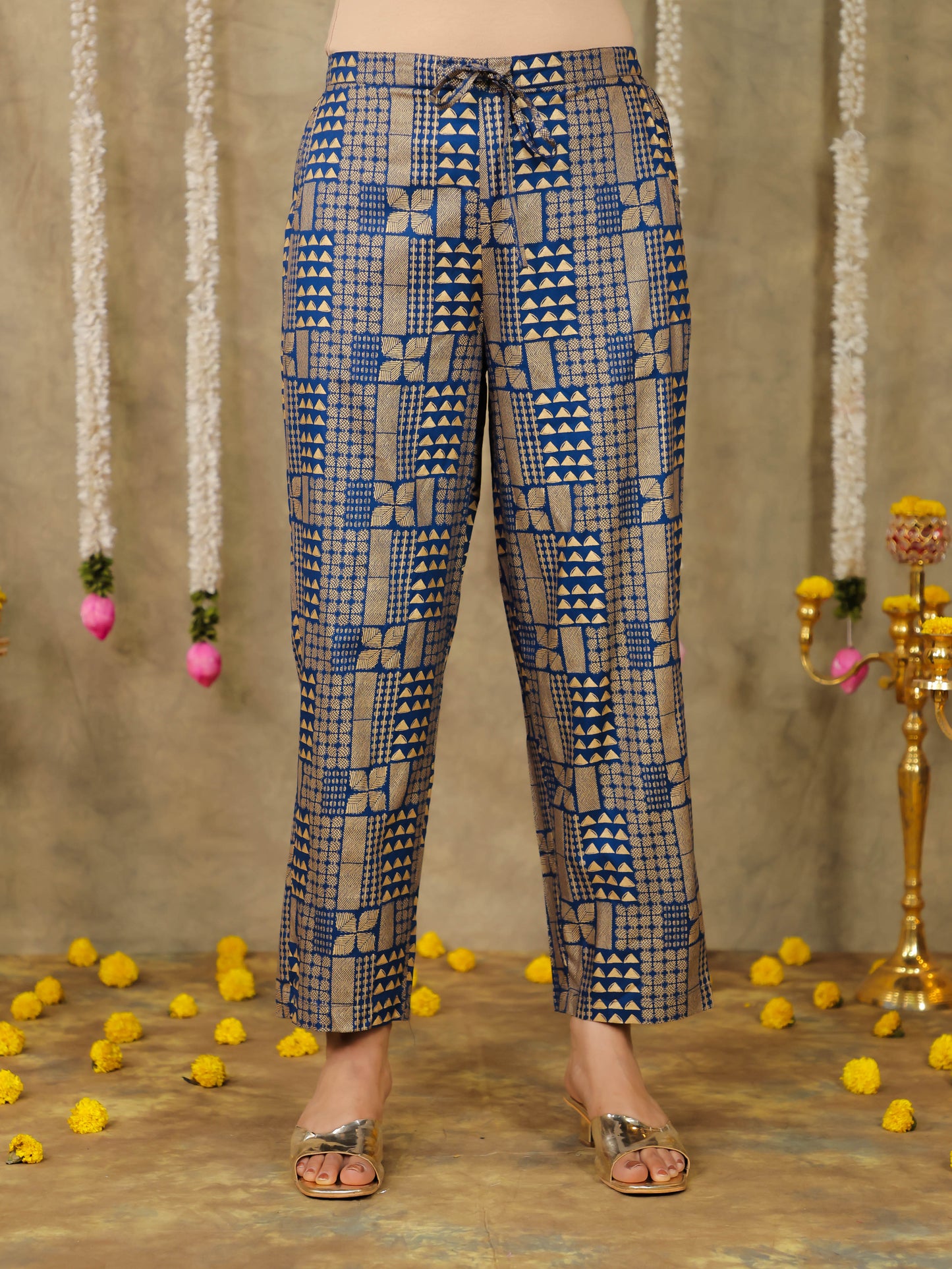 Viscose Gold foil Blue Straight Straight Trousers