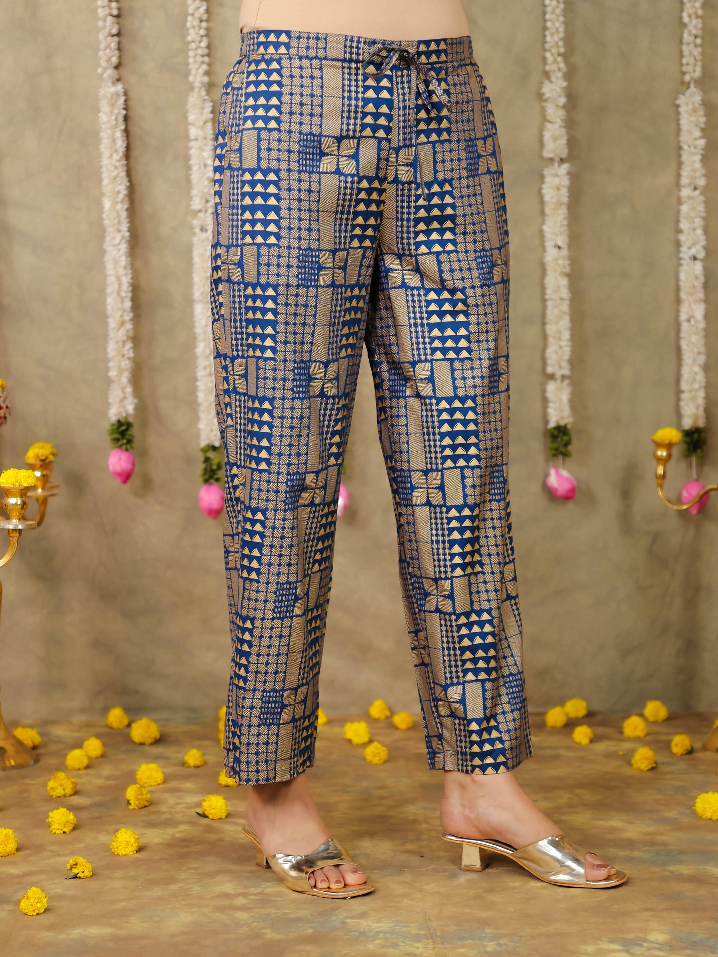 Viscose Gold foil Blue Straight Straight Trousers