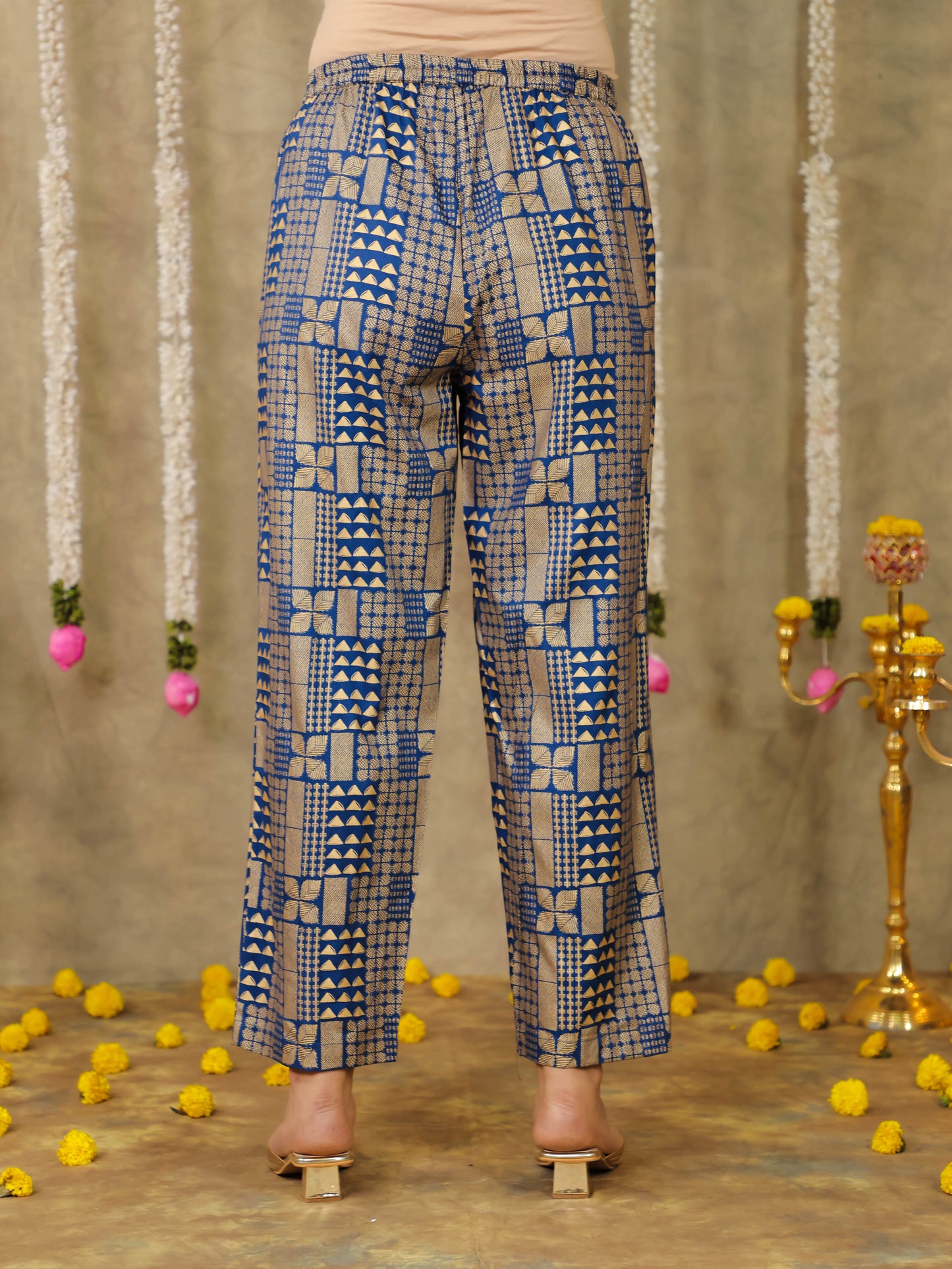 Viscose Gold foil Blue Straight Straight Trousers