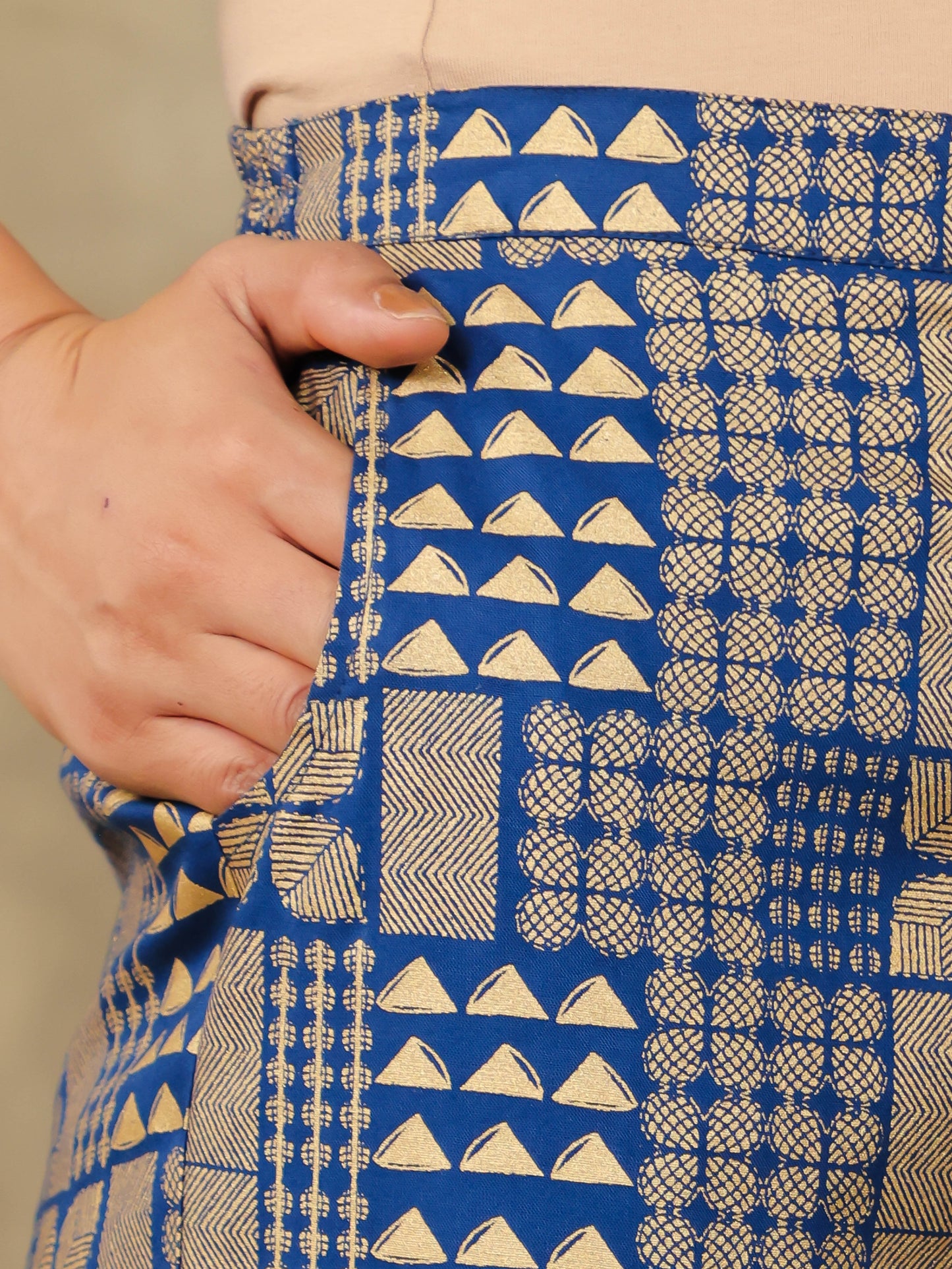 Viscose Gold foil Blue Straight Straight Trousers