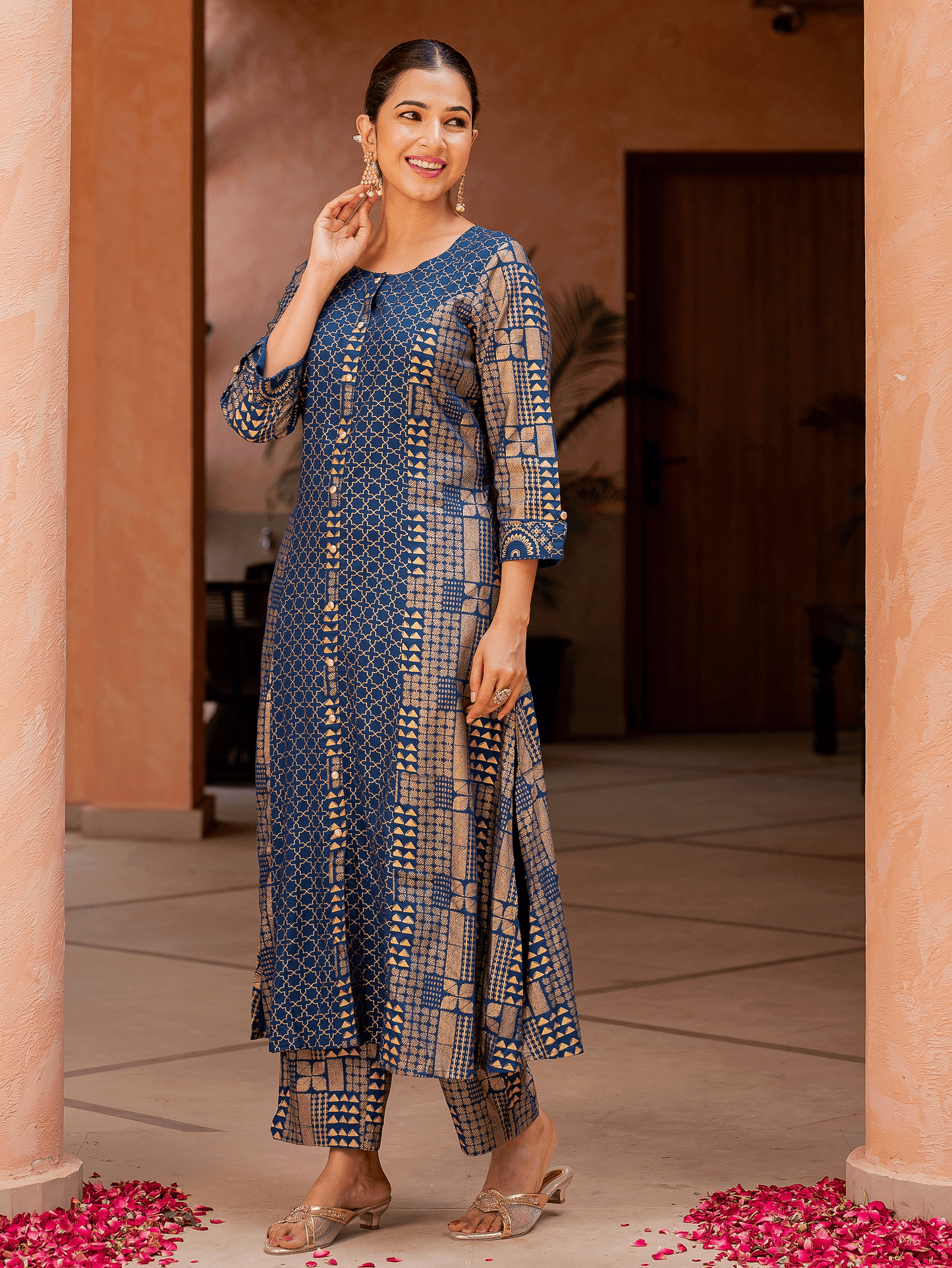 Viscose Gold Foil A-line Royal Blue Kurta