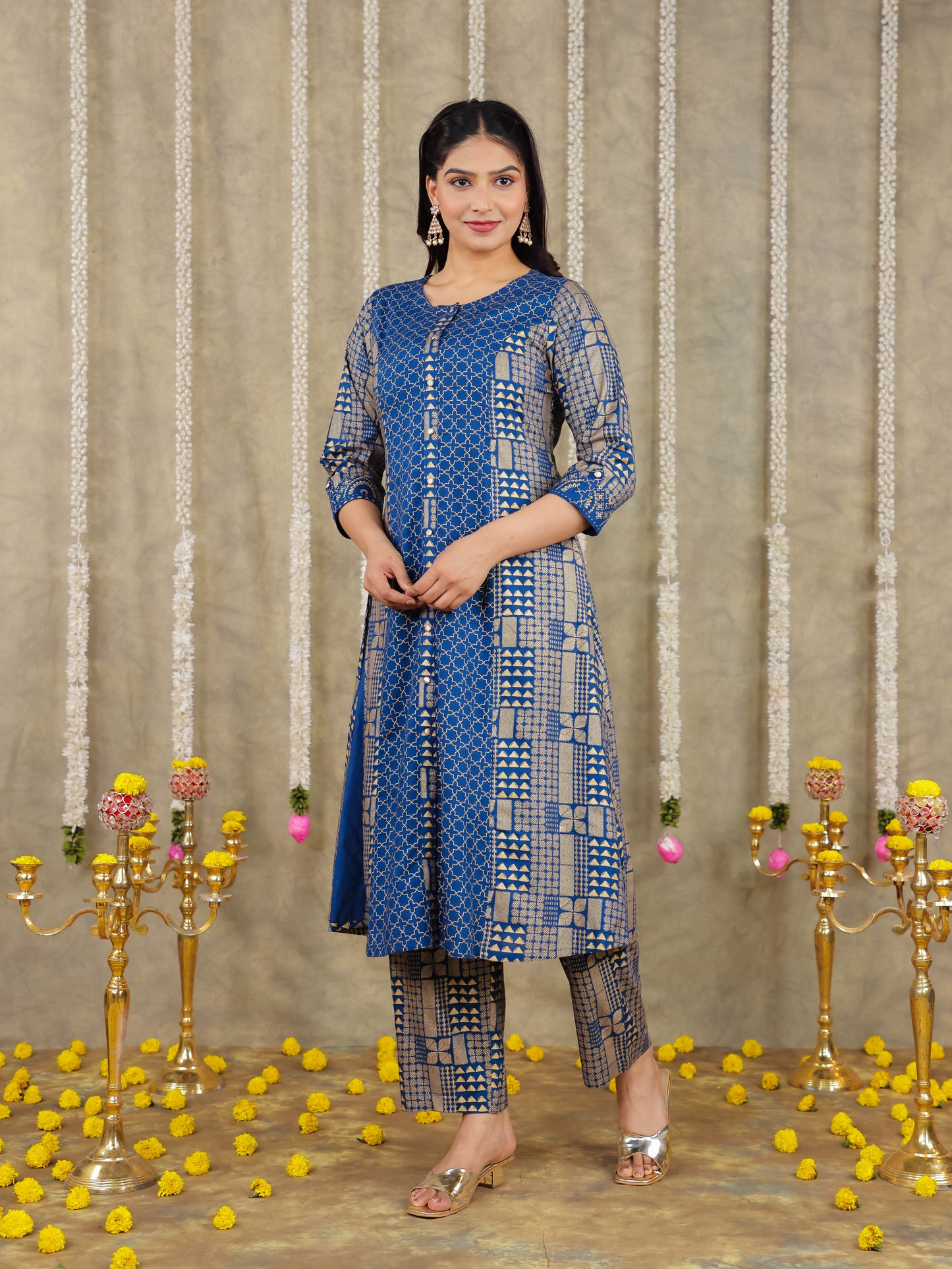 Viscose Gold foil A-line Blue Kurta
