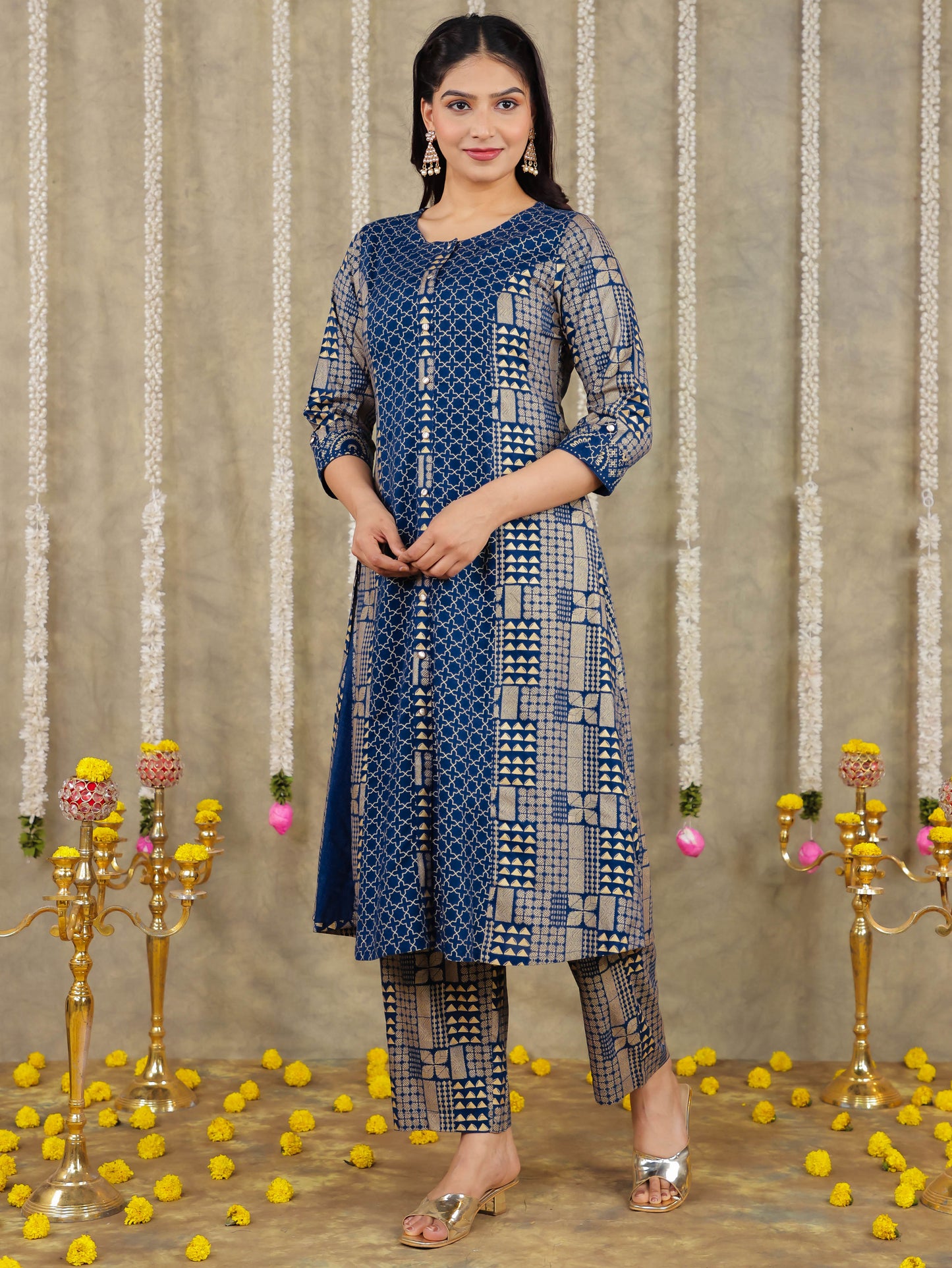 Viscose Gold Foil A-line Royal Blue Kurta