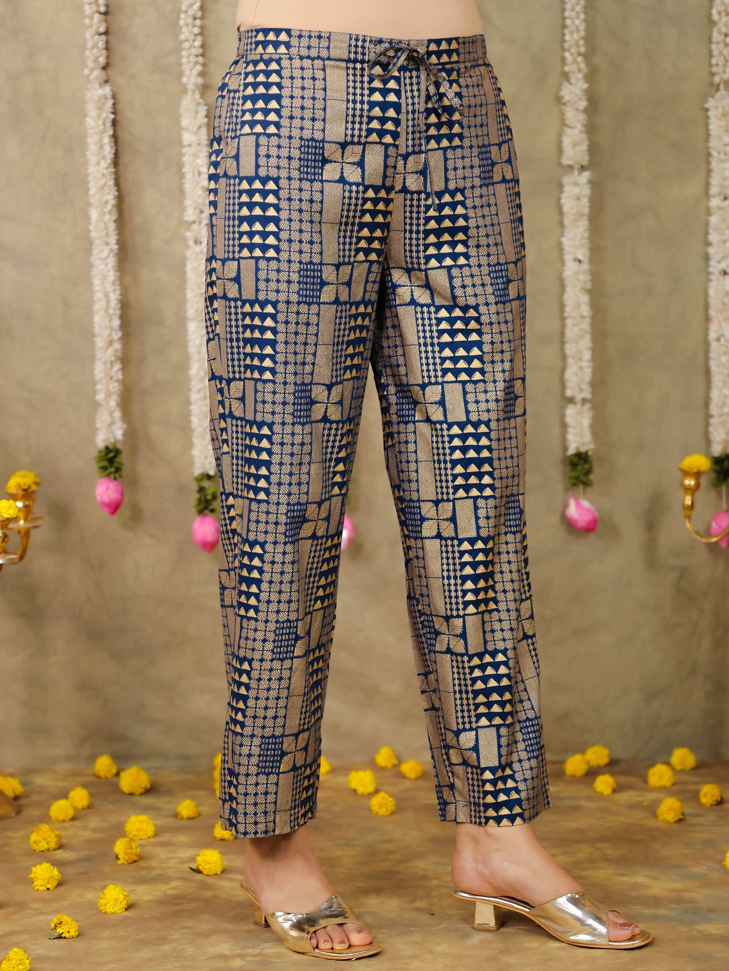 Viscose Gold Foil Royal Blue Straight Straight Trousers