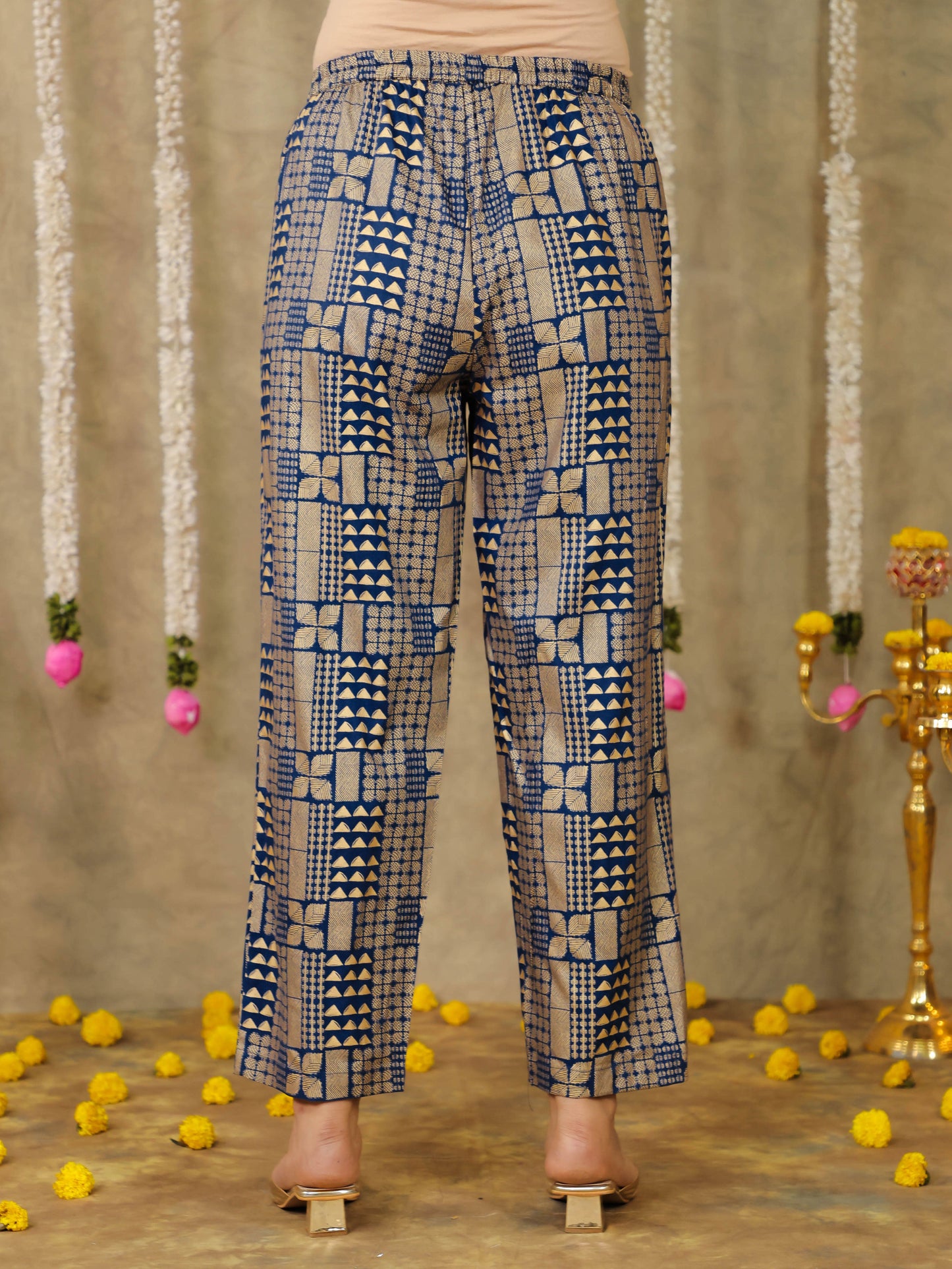 Viscose Gold Foil Royal Blue Straight Straight Trousers
