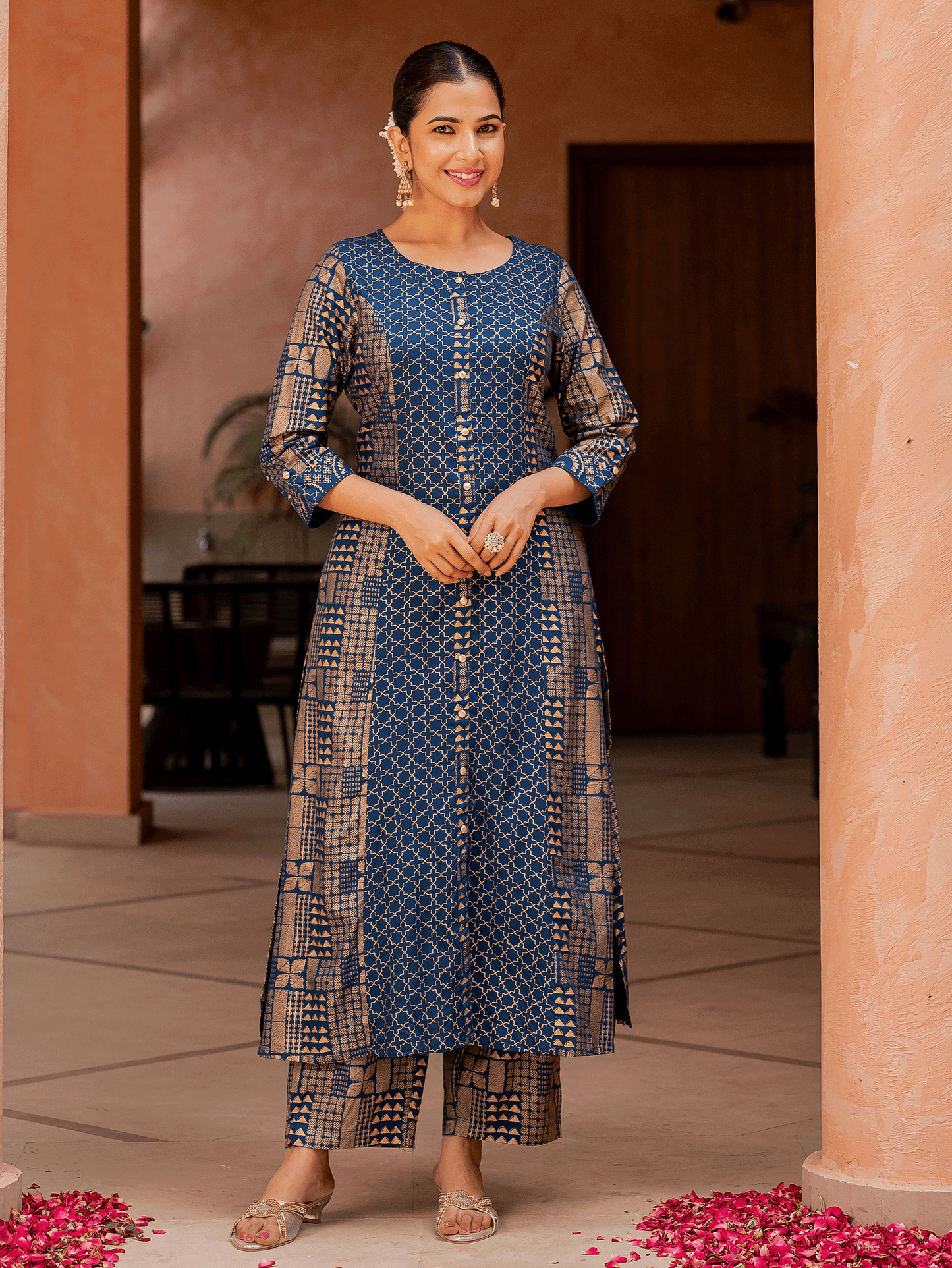 Viscose Gold Foil A-line Royal Blue Kurta