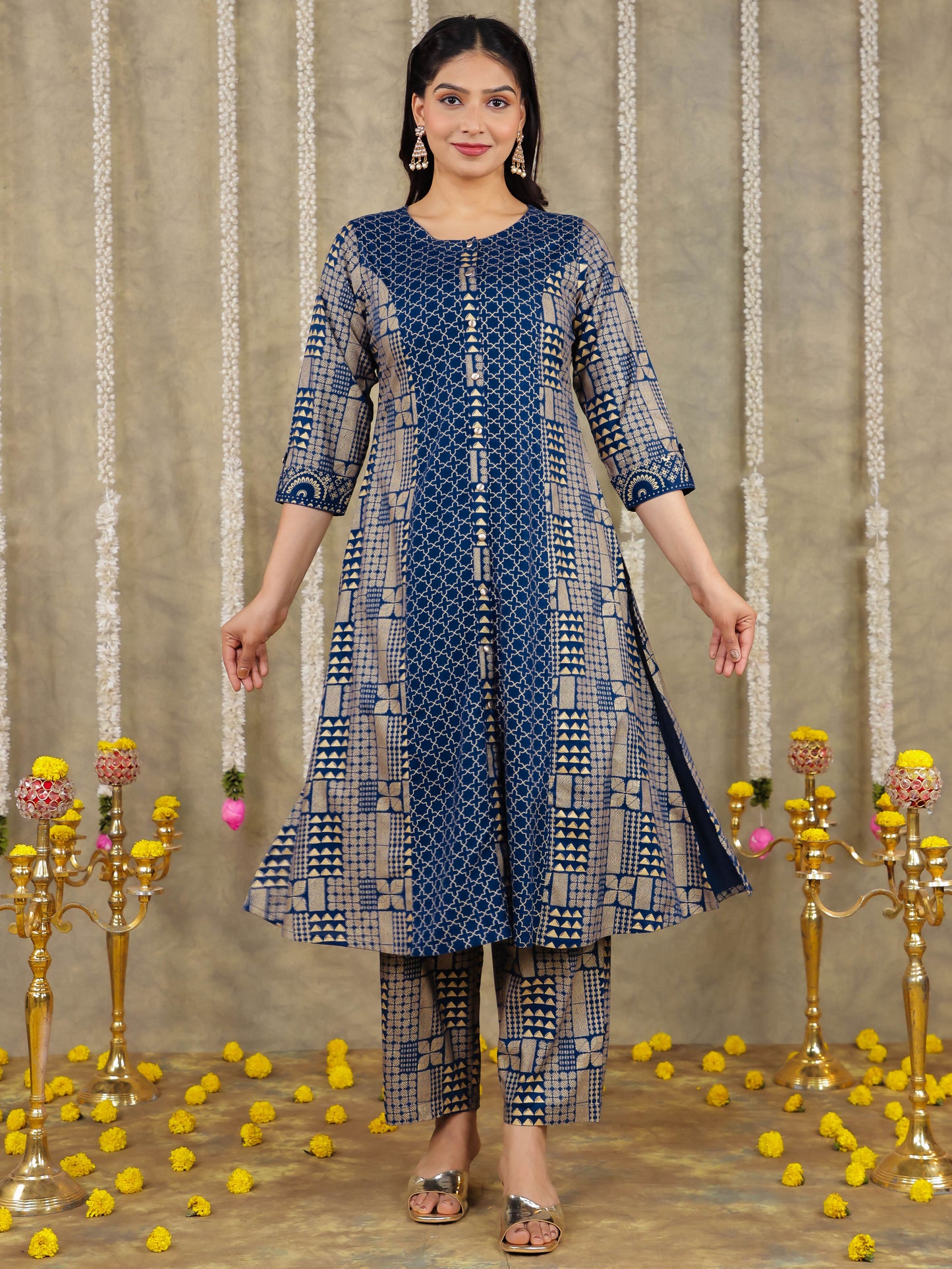 Viscose Gold Foil A-line Royal Blue Kurta