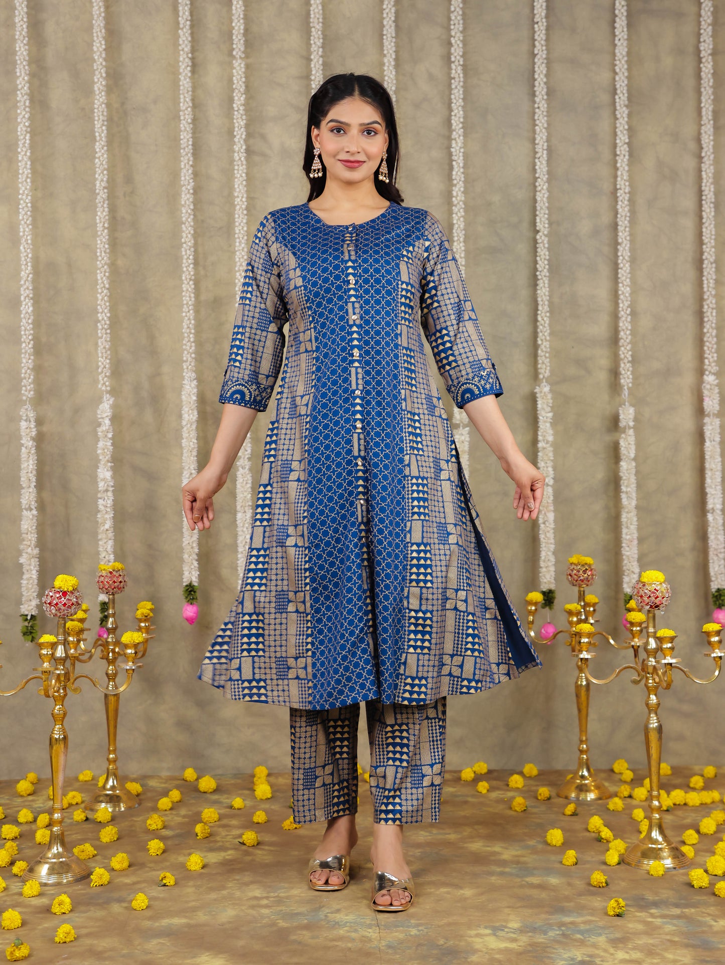 Viscose Gold foil A-line Blue Kurta