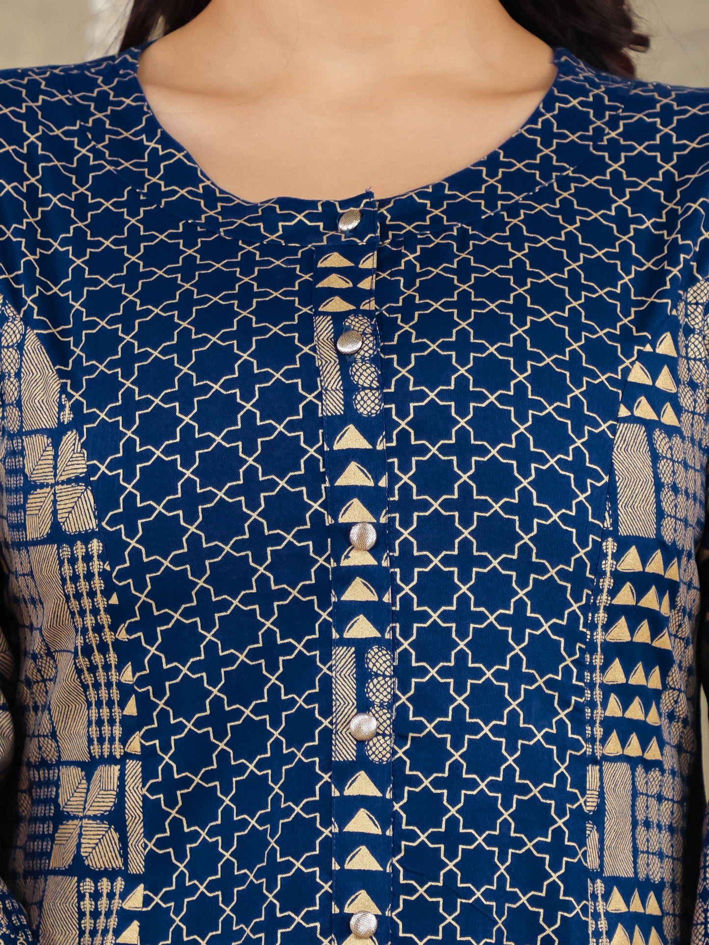 Viscose Gold Foil A-line Royal Blue Kurta