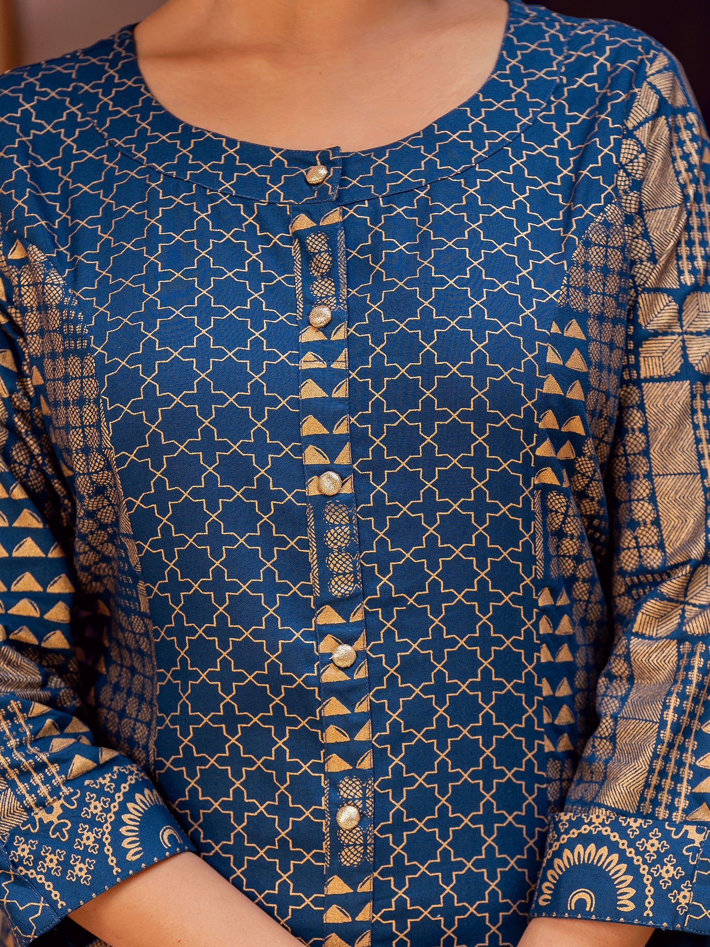 Viscose Gold Foil A-line Royal Blue Kurta