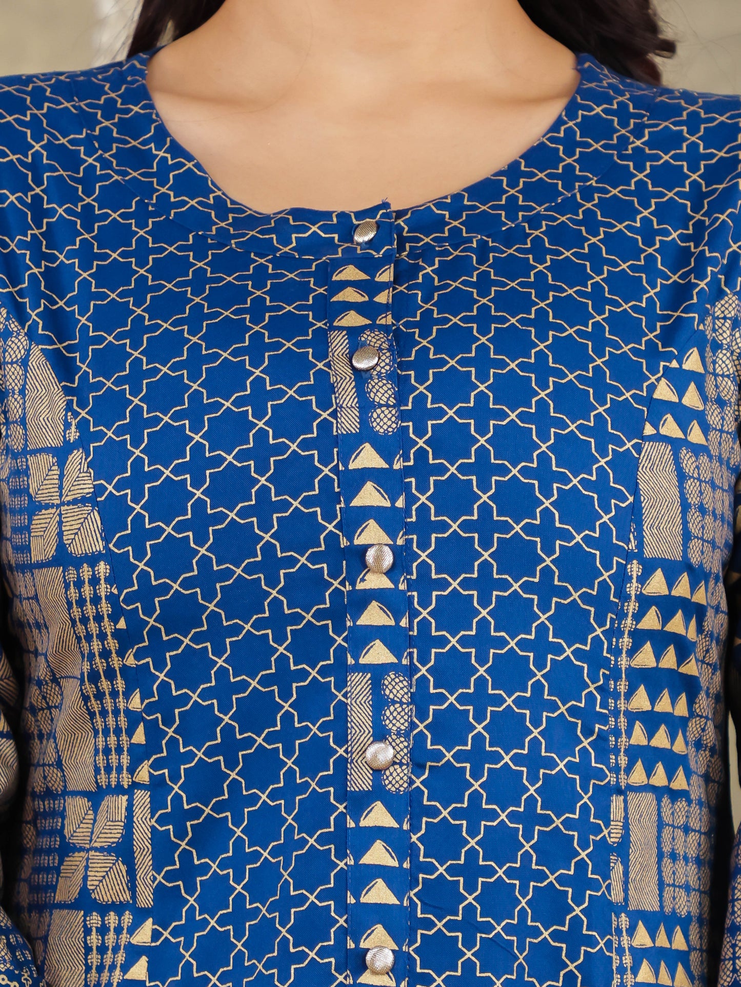 Viscose Gold foil A-line Blue Kurta