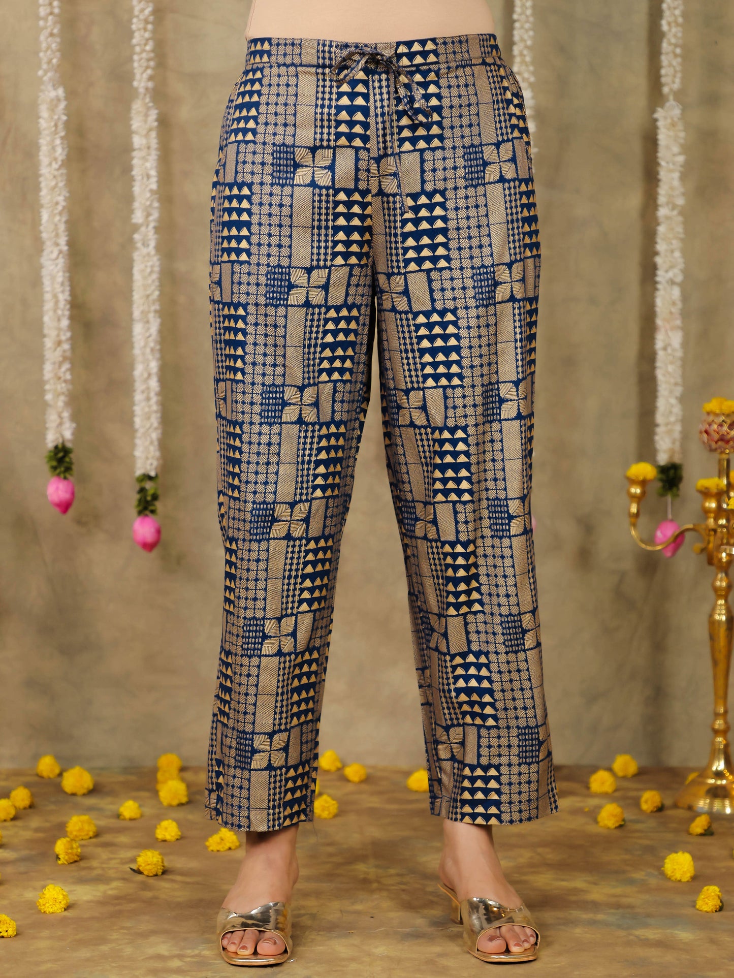 Viscose Gold Foil Royal Blue Straight Straight Trousers