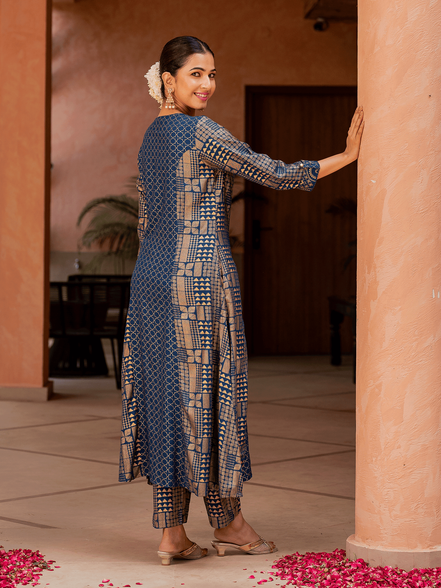 Viscose Gold Foil A-line Royal Blue Kurta