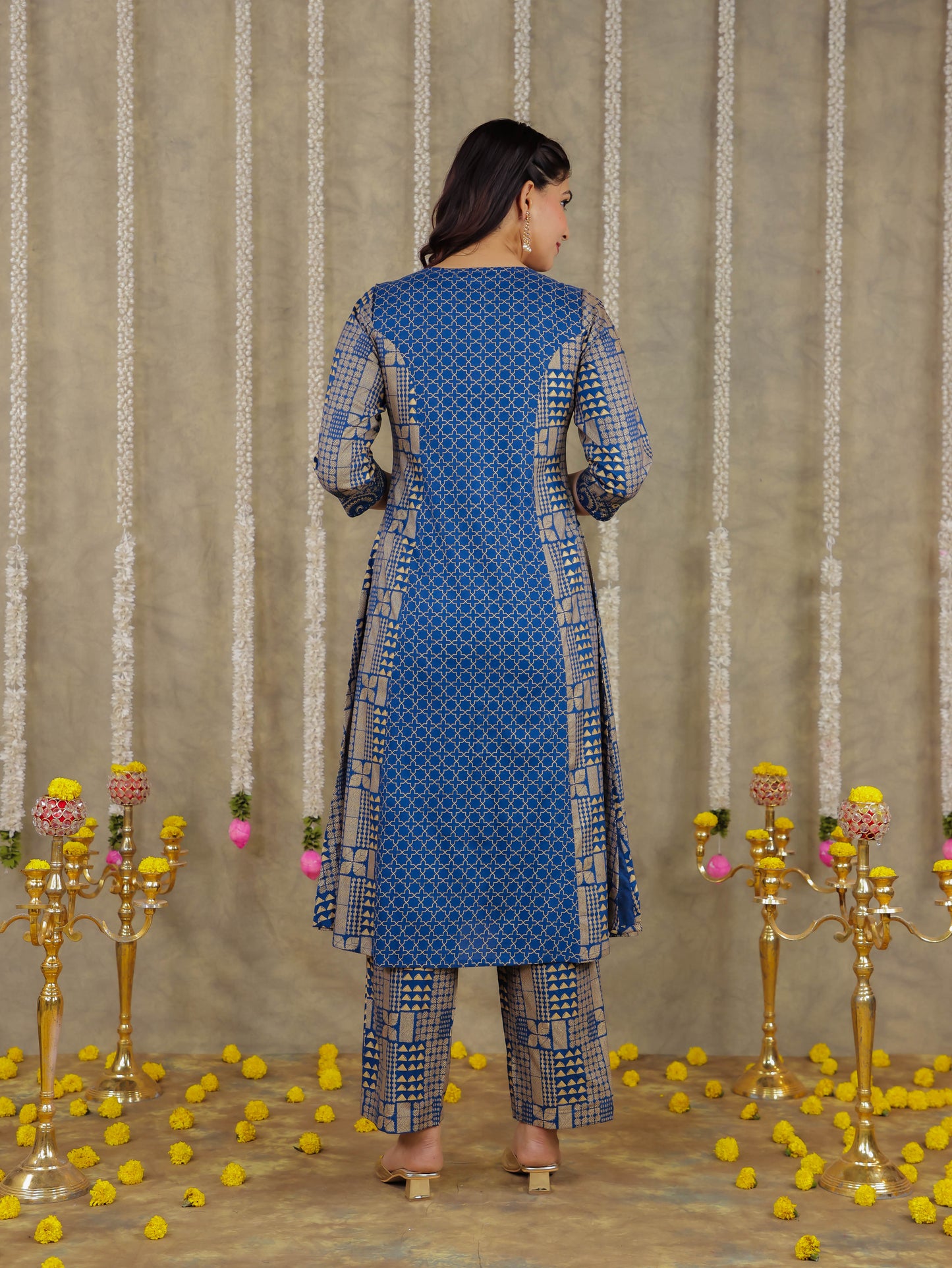 Viscose Gold foil A-line Blue Kurta